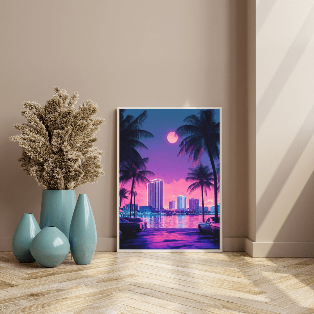 Retro Miami Beach Neon Nightscape - City Wall Art - Aestheticanvas