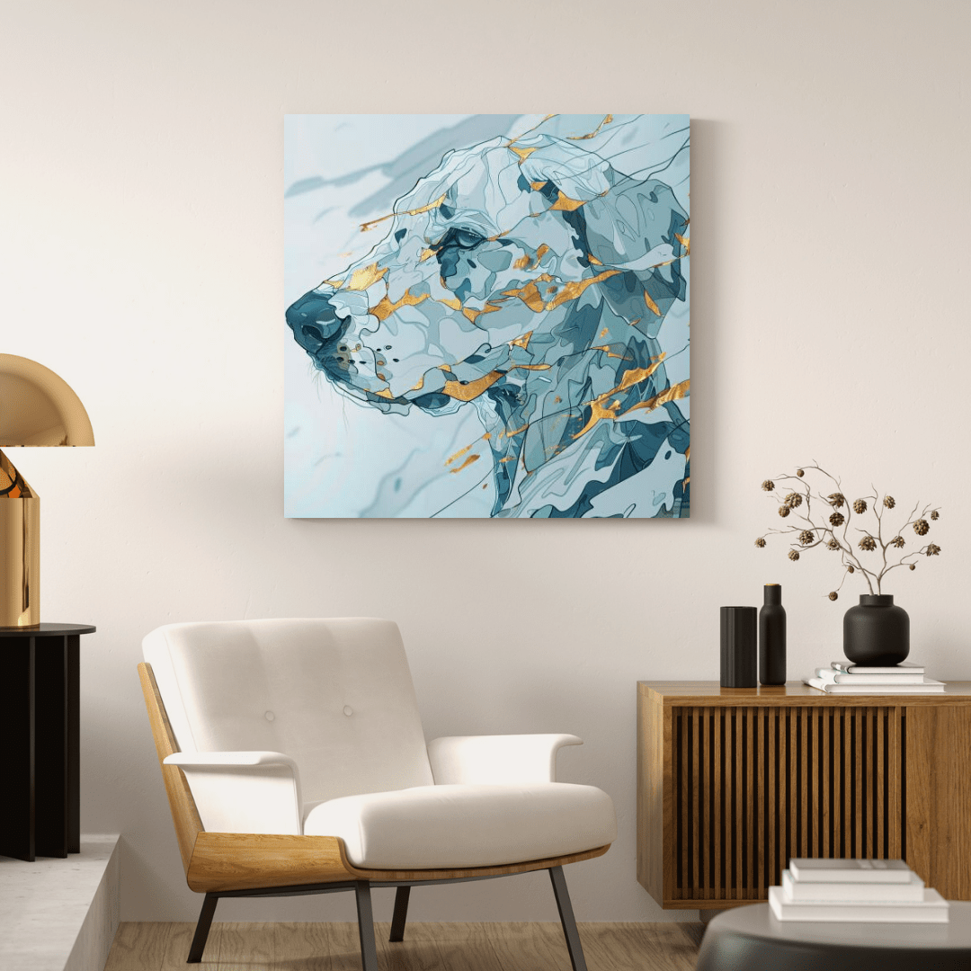 Abstract Blue Dog in Gold Accents - Animal Canvas Print - Aestheticanvas