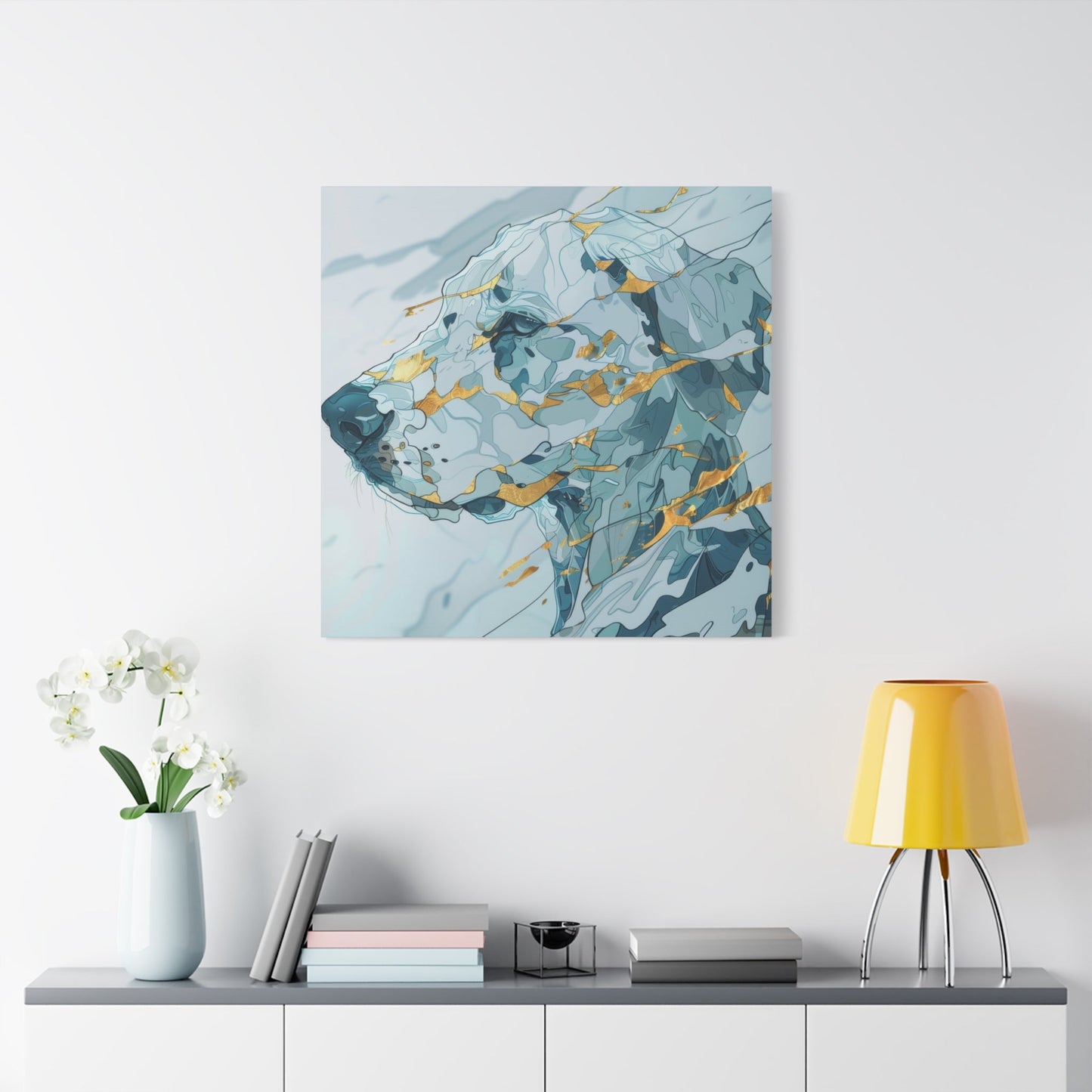 Abstract Blue Dog in Gold Accents - Animal Canvas Print - Aestheticanvas