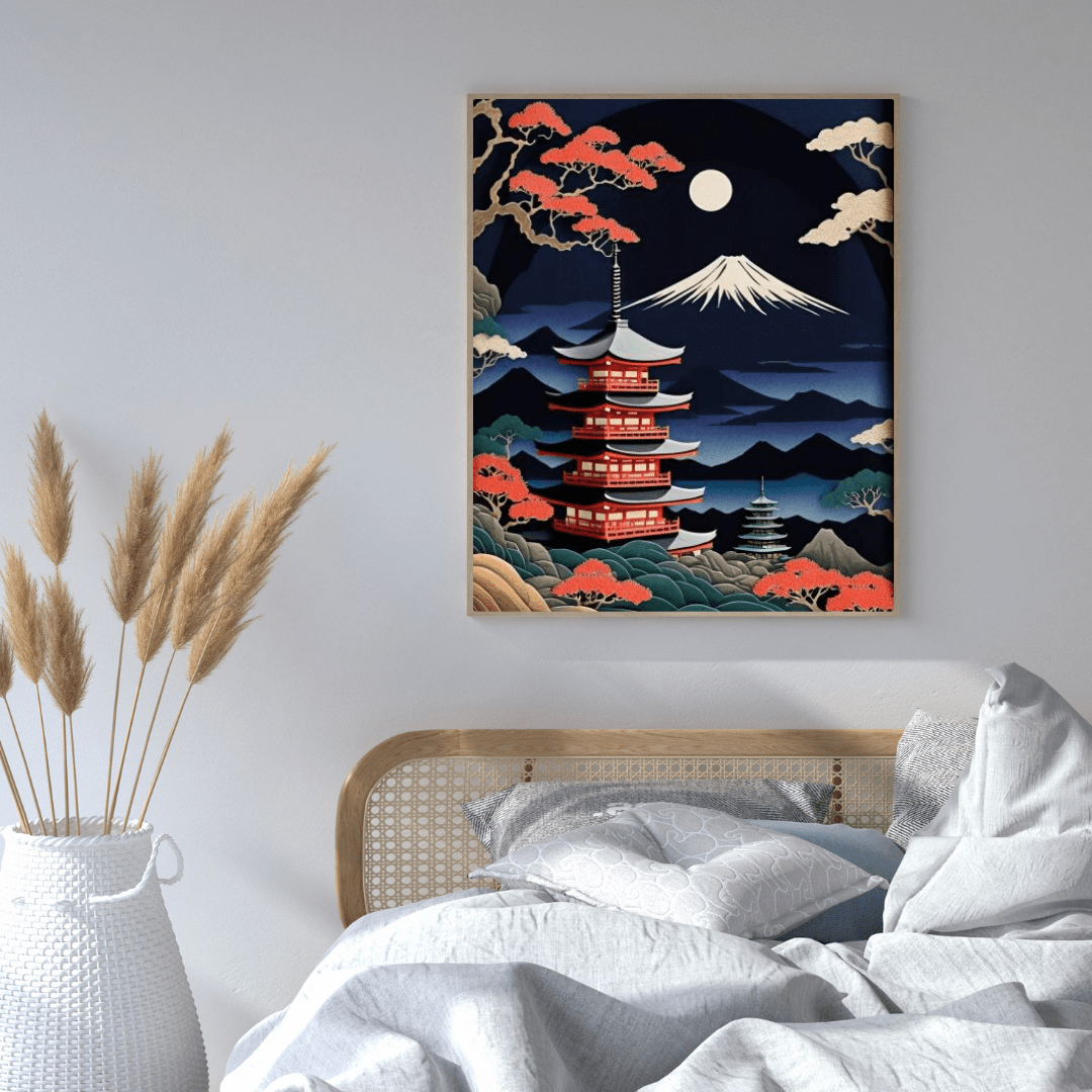 Abstract Mount Fuji & the Moon - Japanese Wall Art - Aestheticanvas