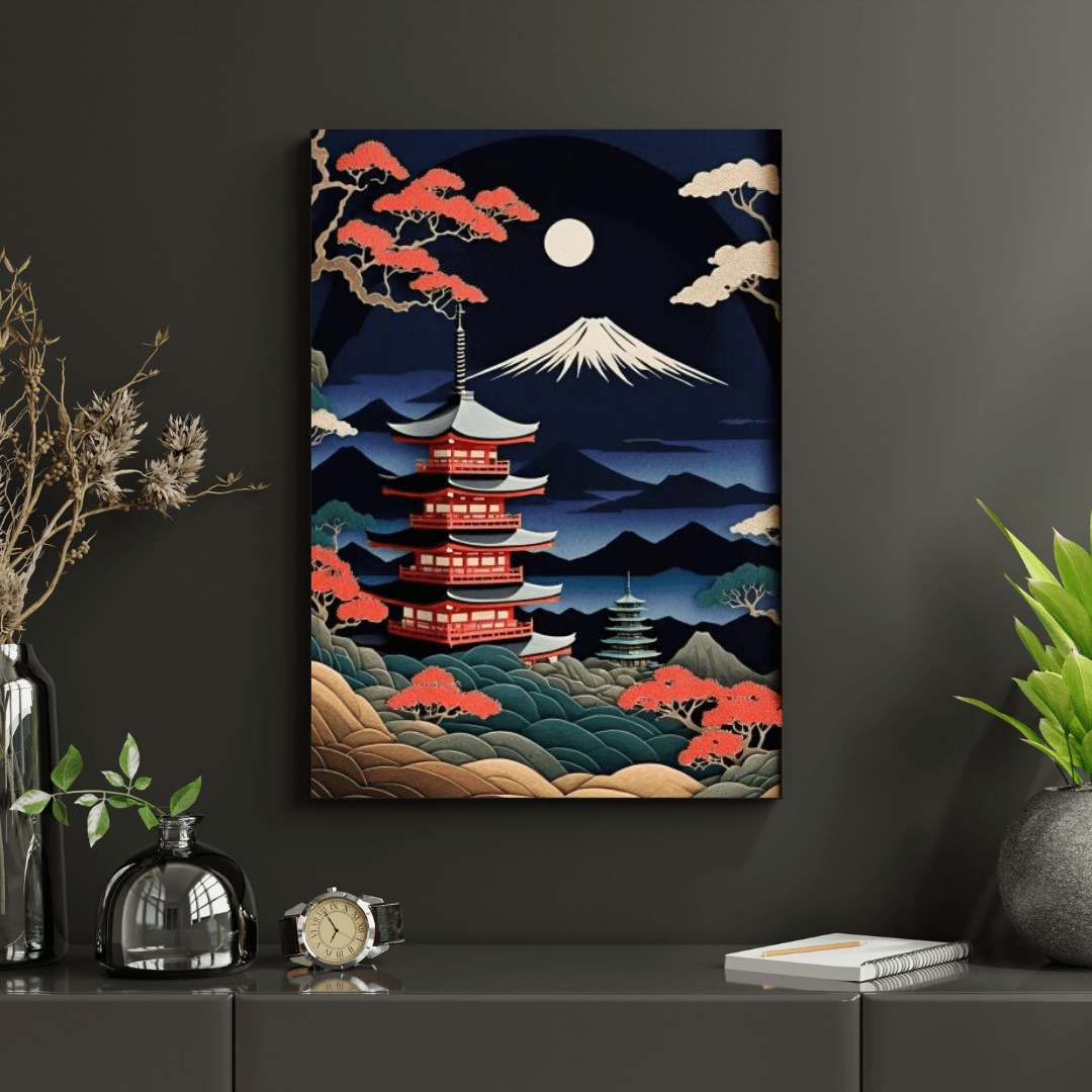 Abstract Mount Fuji & the Moon - Japanese Wall Art - Aestheticanvas