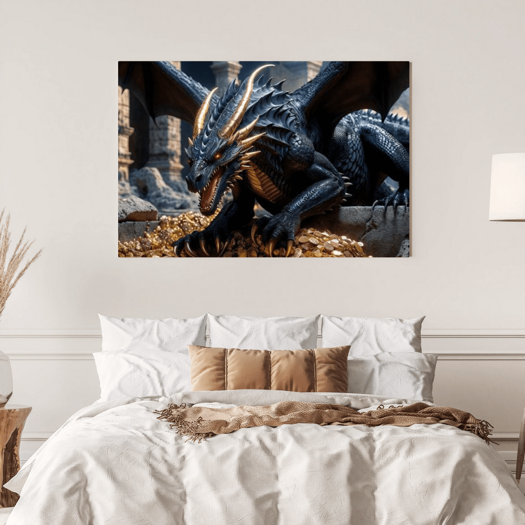 Ancient Dragon Protecting Gold - Dragon Wall Art - Aestheticanvas