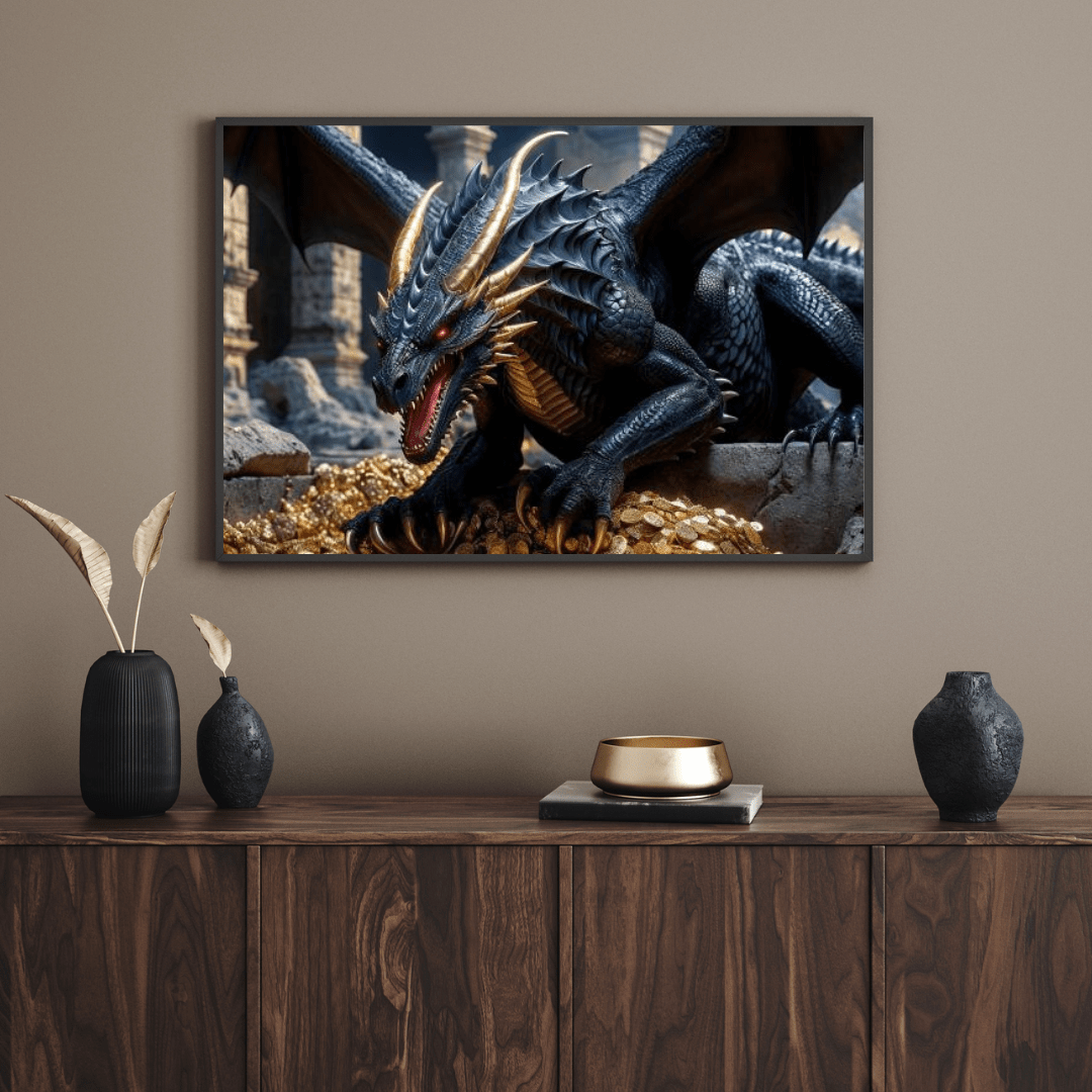 Ancient Dragon Protecting Gold - Dragon Wall Art - Aestheticanvas