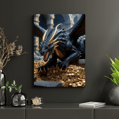 Ancient Dragon Protecting Gold - Dragon Wall Art - Aestheticanvas