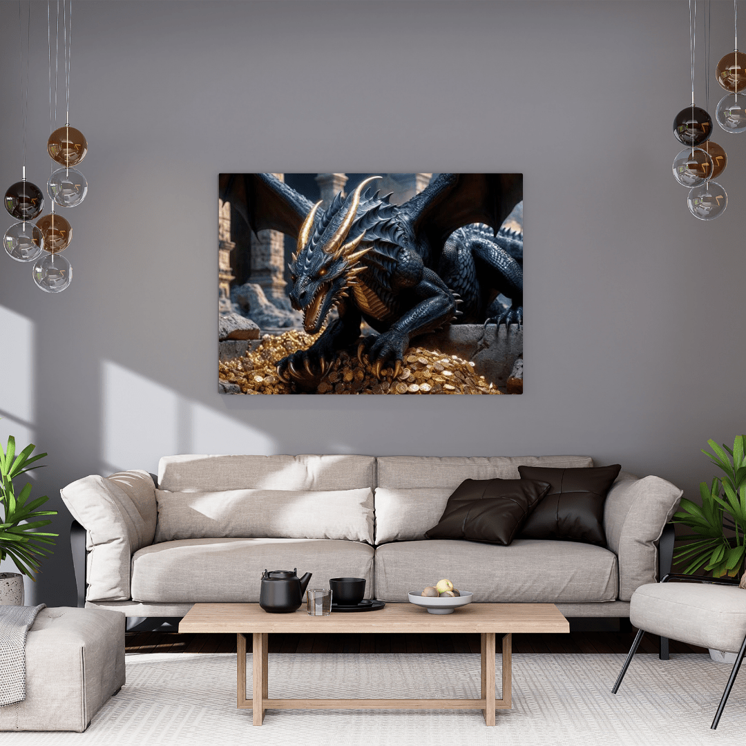 Ancient Dragon Protecting Gold - Dragon Wall Art - Aestheticanvas