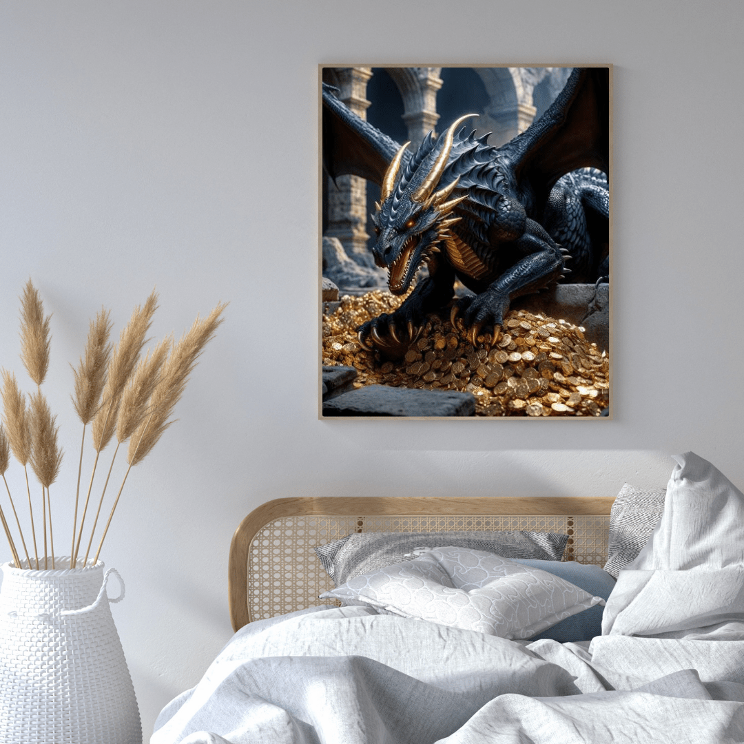 Ancient Dragon Protecting Gold - Dragon Wall Art - Aestheticanvas