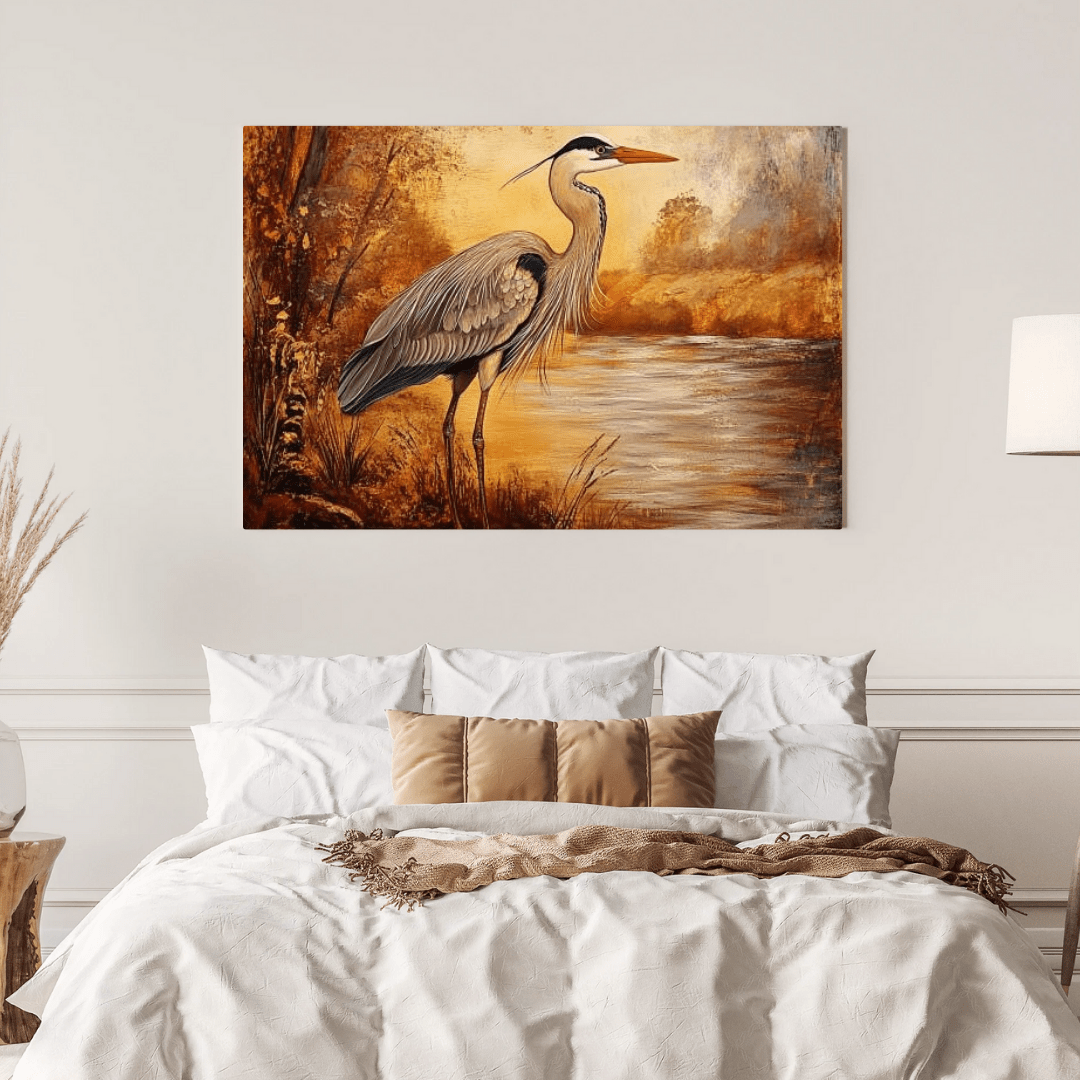 Autumnal Heron by Tranquil Waters - Animal Wall Art - Aestheticanvas