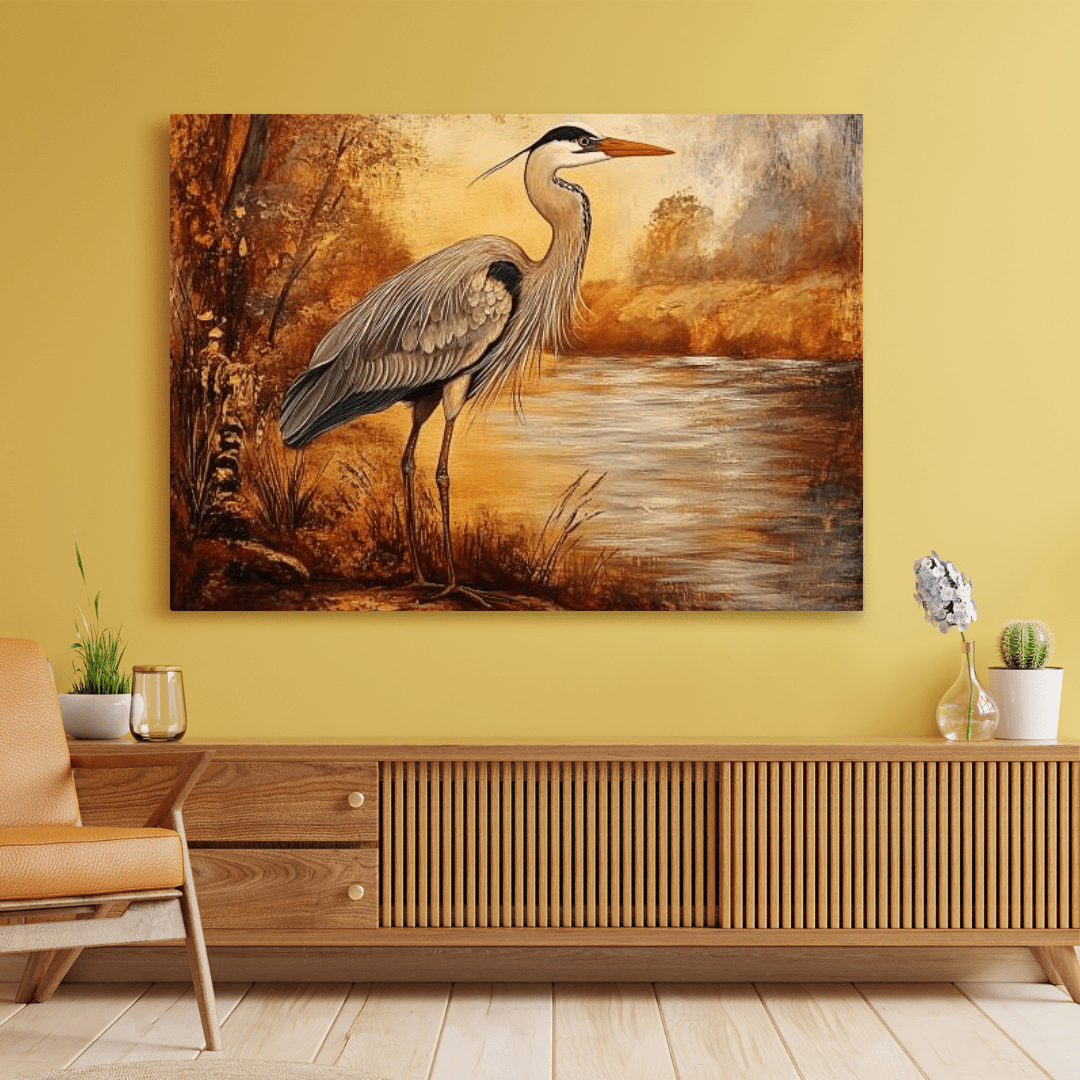 Autumnal Heron by Tranquil Waters - Animal Wall Art - Aestheticanvas