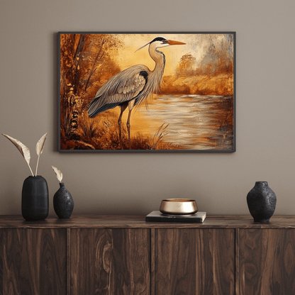 Autumnal Heron by Tranquil Waters - Animal Wall Art - Aestheticanvas