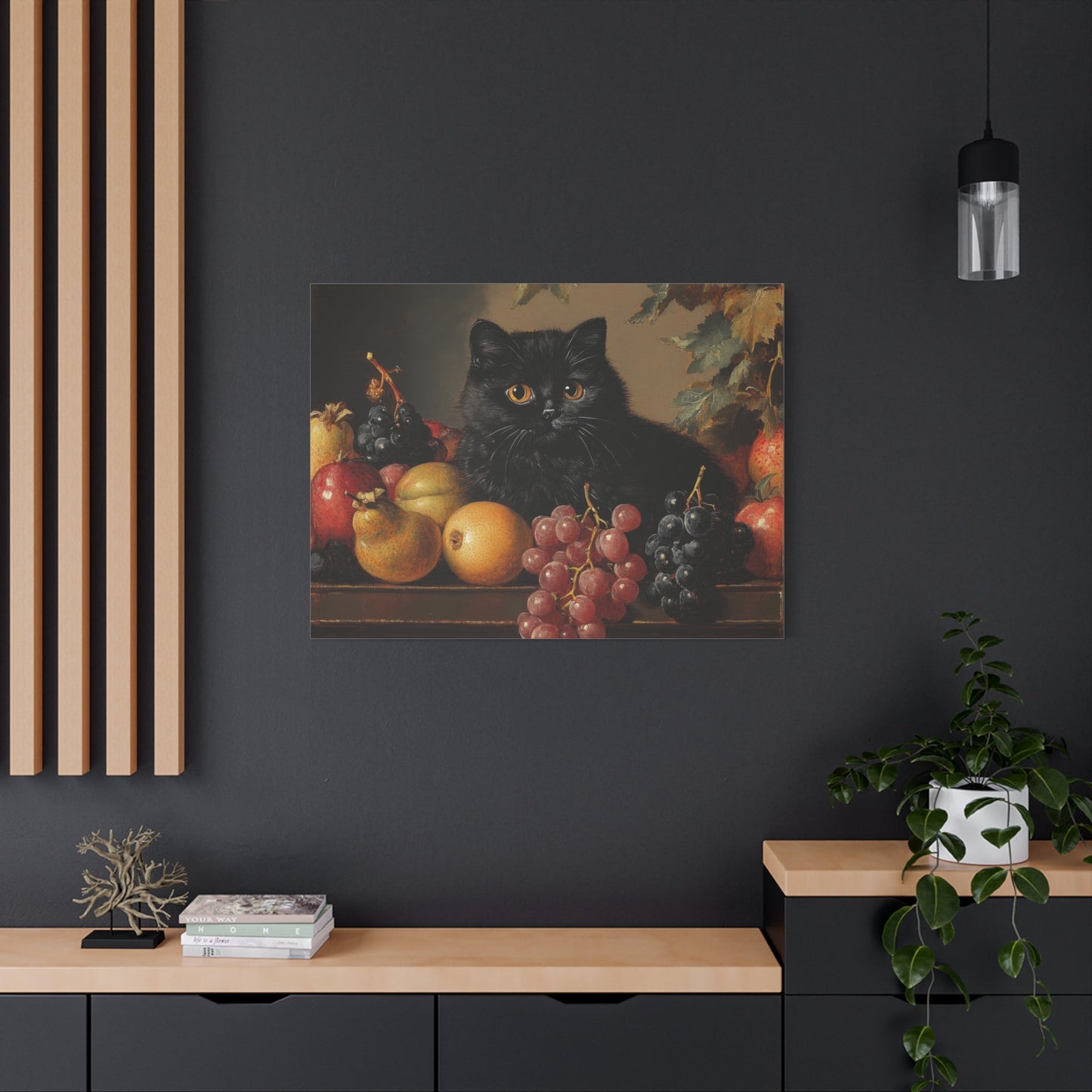 Black Cat Amongst Abundant Fruits - Animal Canvas Print - Aestheticanvas