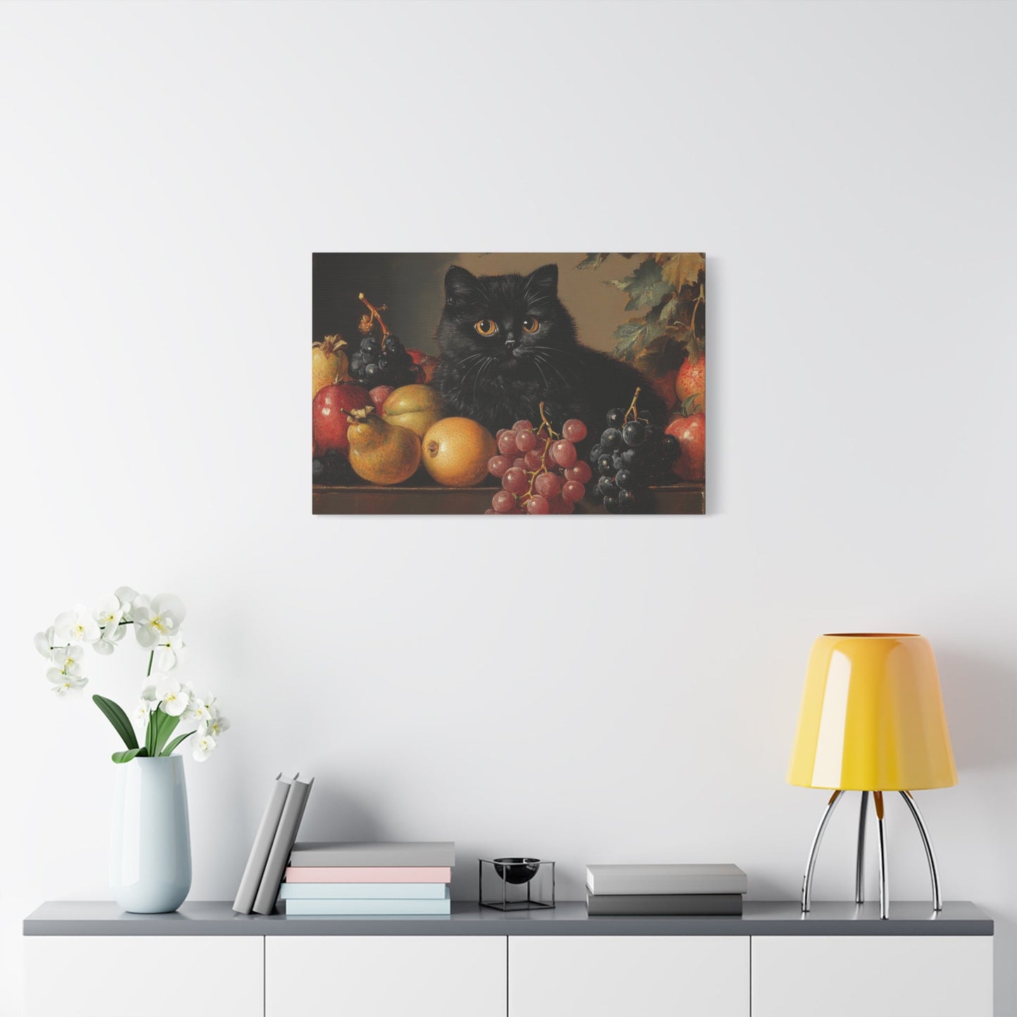 Black Cat Amongst Abundant Fruits - Animal Canvas Print - Aestheticanvas