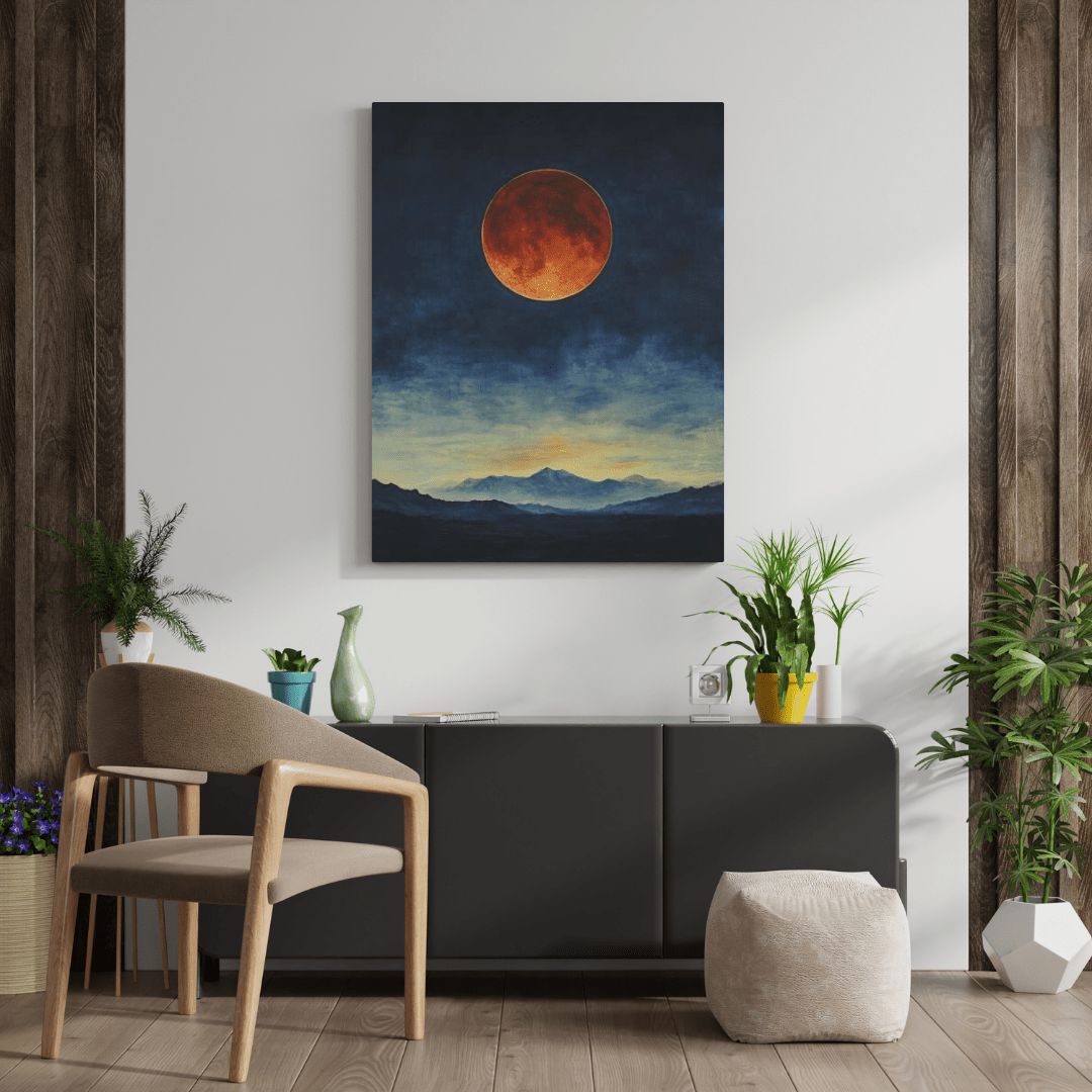 Blood Moon Over Twilight Mountains - Nature Wall Art - Aestheticanvas