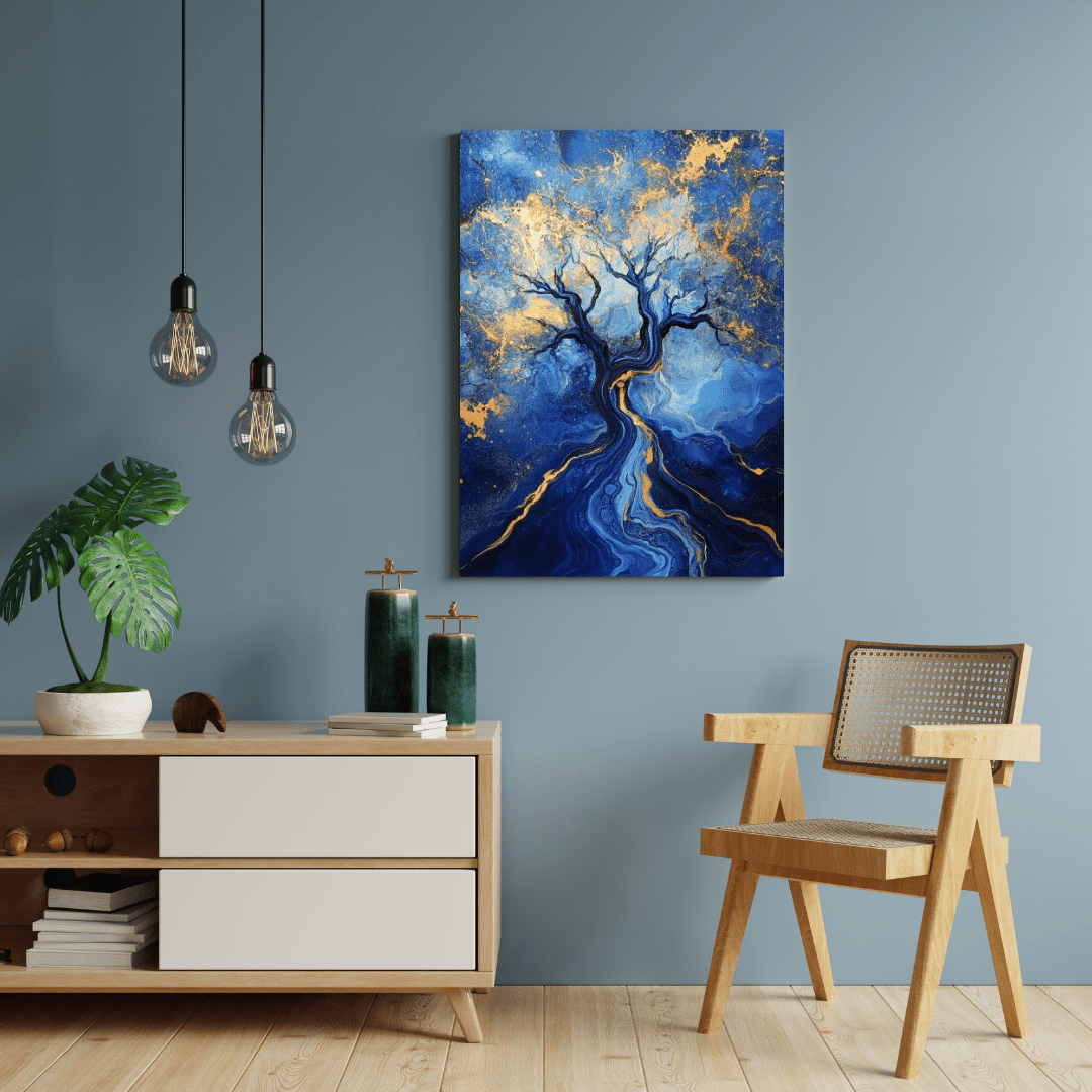 Blue and Gold Abstract Tree of Life - Abstract Wall Art - Aestheticanvas