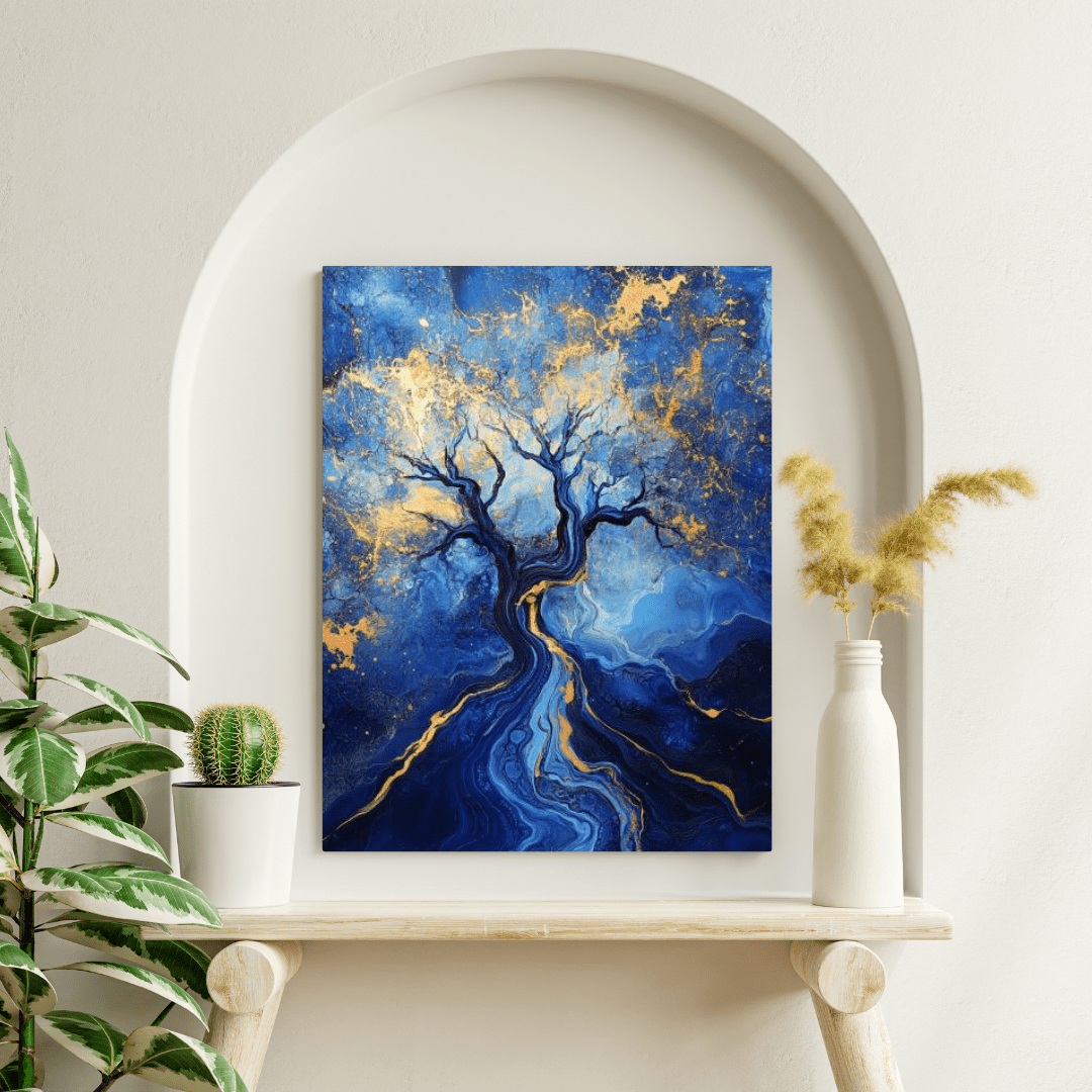 Blue and Gold Abstract Tree of Life - Abstract Wall Art - Aestheticanvas