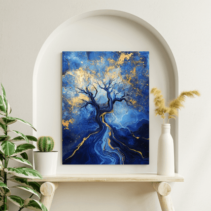 Blue and Gold Abstract Tree of Life - Abstract Wall Art - Aestheticanvas