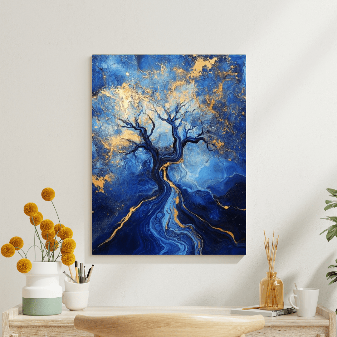 Blue and Gold Abstract Tree of Life - Abstract Wall Art - Aestheticanvas