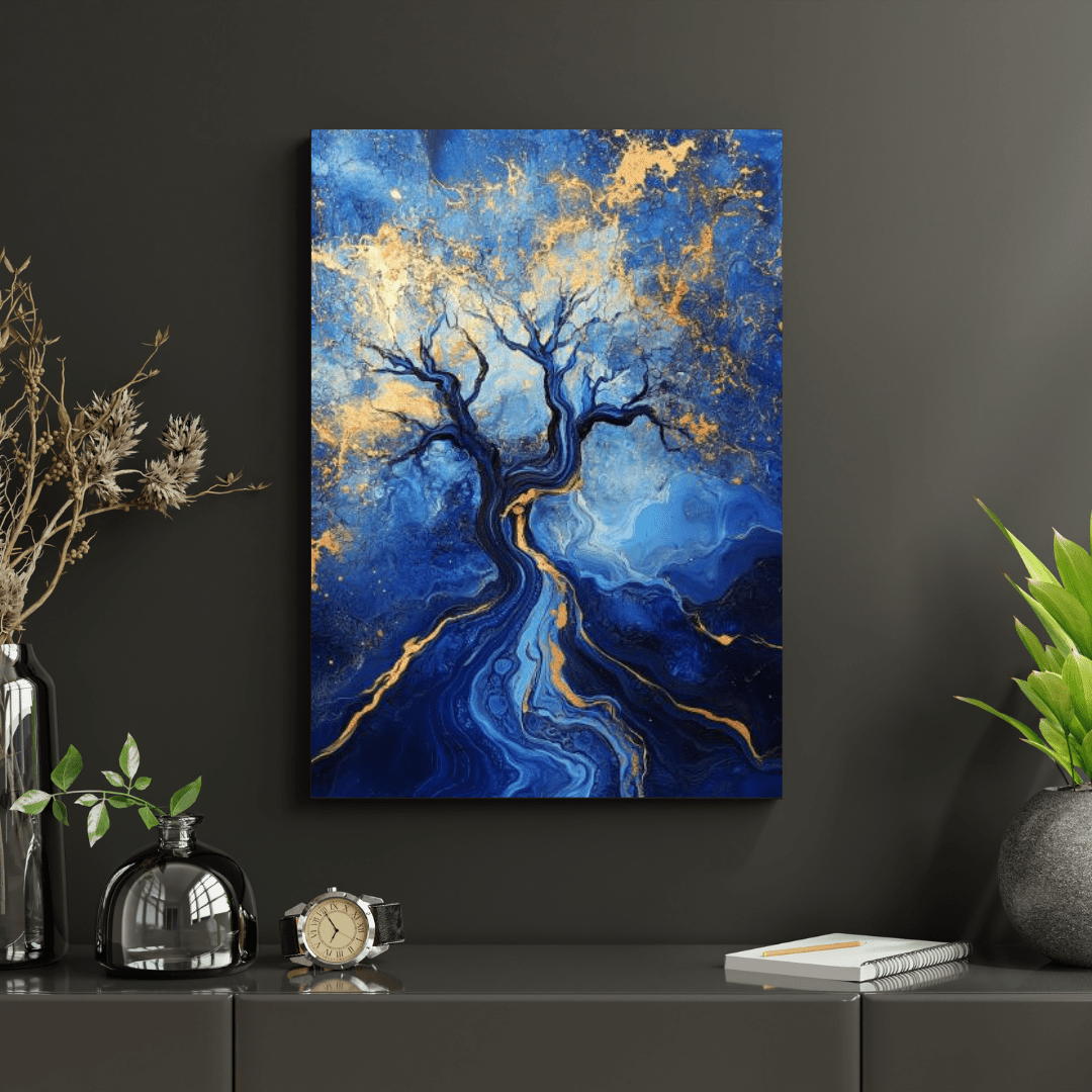 Blue and Gold Abstract Tree of Life - Abstract Wall Art - Aestheticanvas