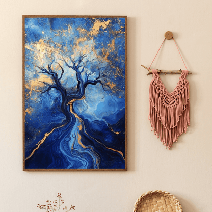 Blue and Gold Abstract Tree of Life - Abstract Wall Art - Aestheticanvas