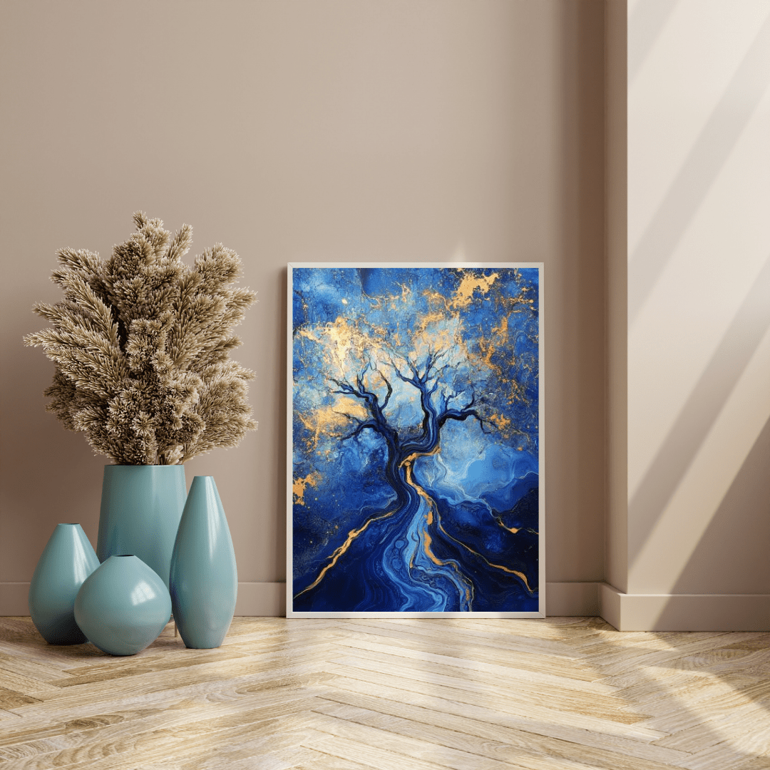 Blue and Gold Abstract Tree of Life - Abstract Wall Art - Aestheticanvas