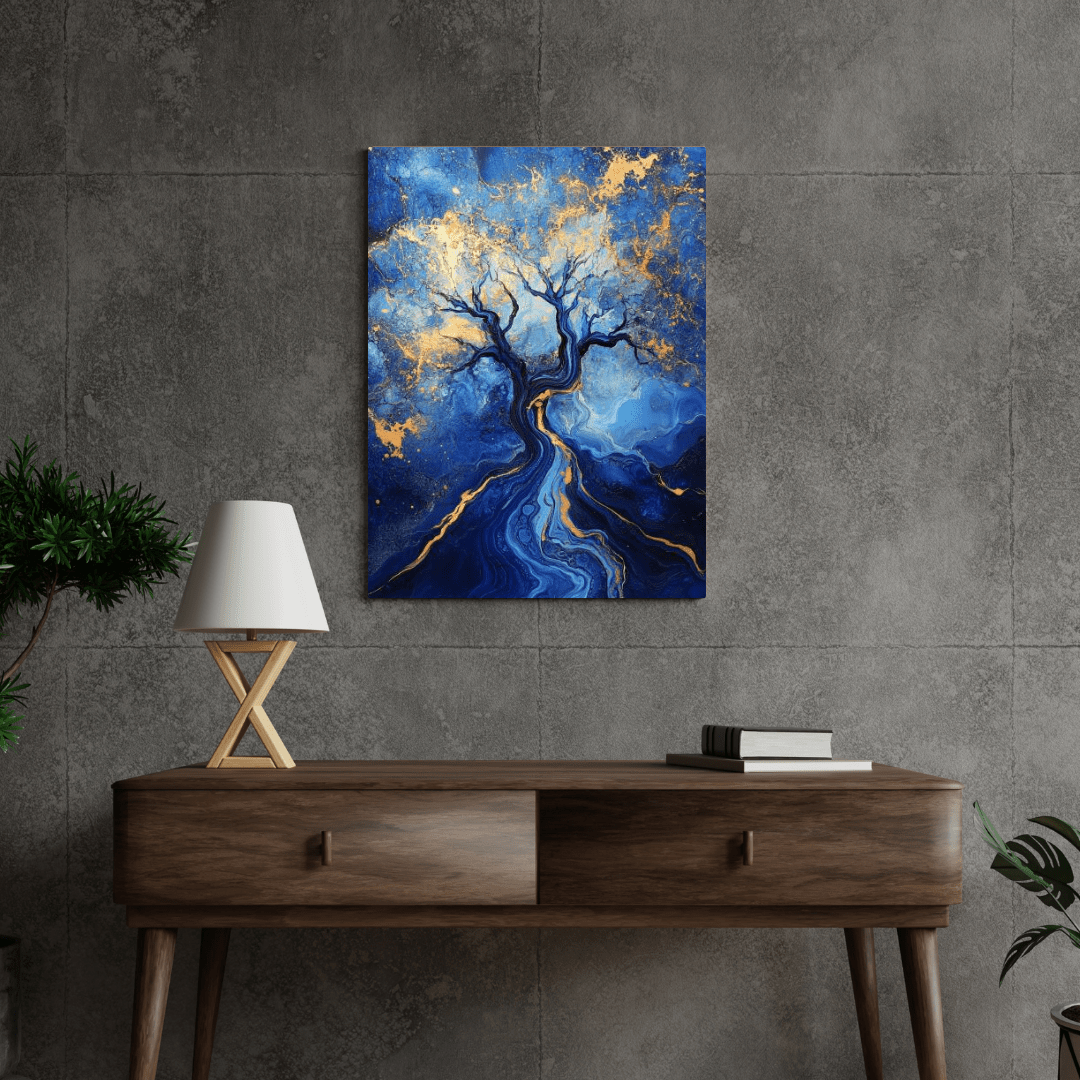 Blue and Gold Abstract Tree of Life - Abstract Wall Art - Aestheticanvas