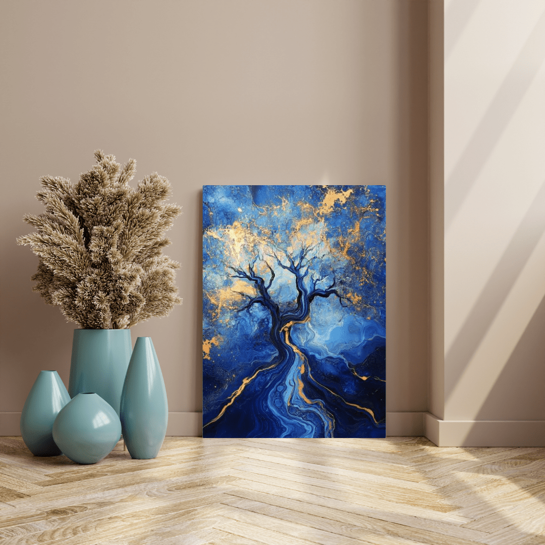 Blue and Gold Abstract Tree of Life - Abstract Wall Art - Aestheticanvas