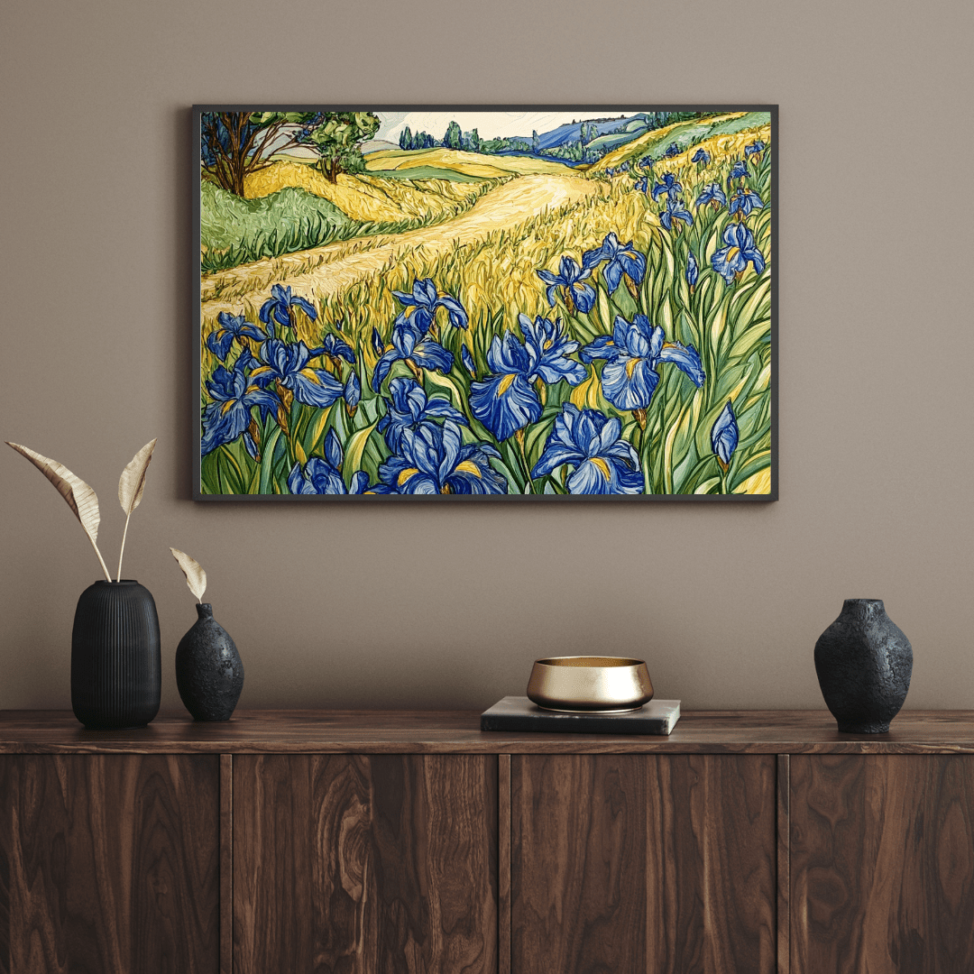 Blue Irises in Golden Fields - Flower Wall Art - Aestheticanvas