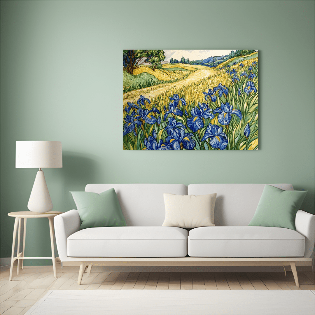 Blue Irises in Golden Fields - Flower Wall Art - Aestheticanvas