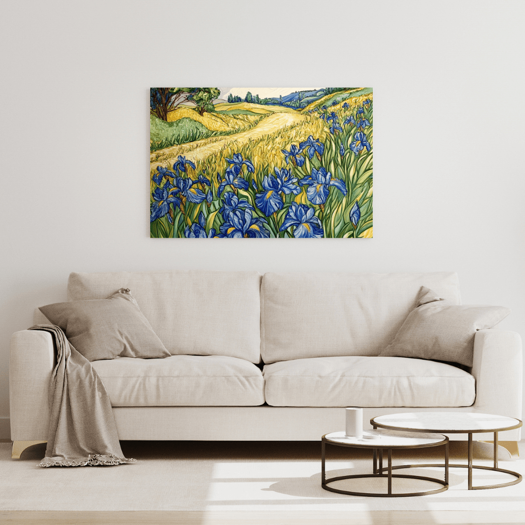 Blue Irises in Golden Fields - Flower Wall Art - Aestheticanvas