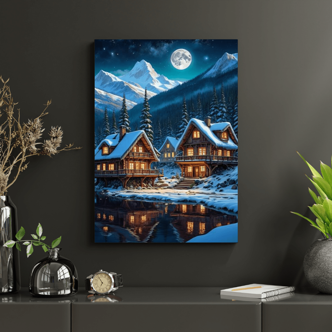 Cabins In The Snowy Mountains - Forest Wall Art - Aestheticanvas