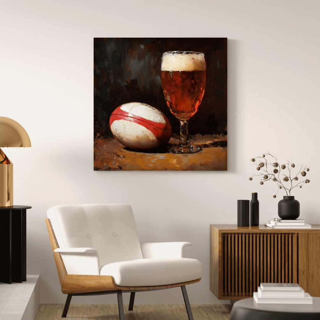 Classic Rugby Ball and Beer Glass Still Life - Sports Wall Art - Aestheticanvas