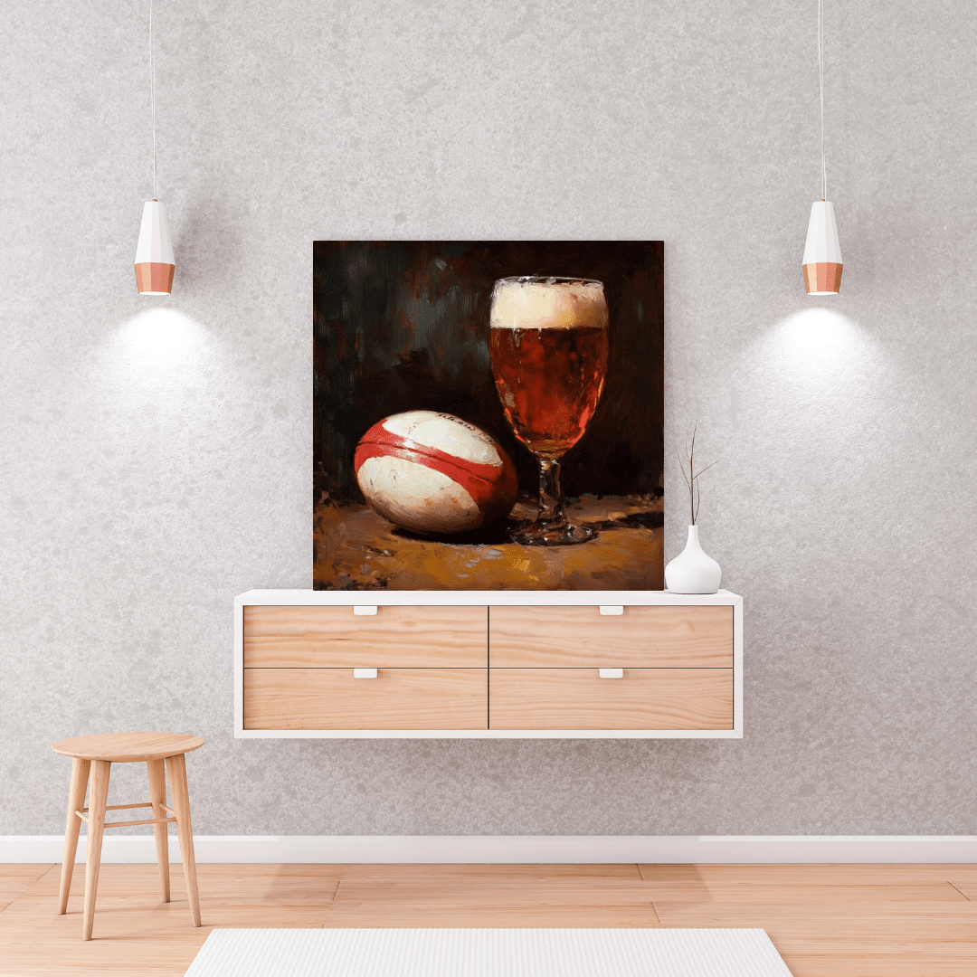 Classic Rugby Ball and Beer Glass Still Life - Sports Wall Art - Aestheticanvas