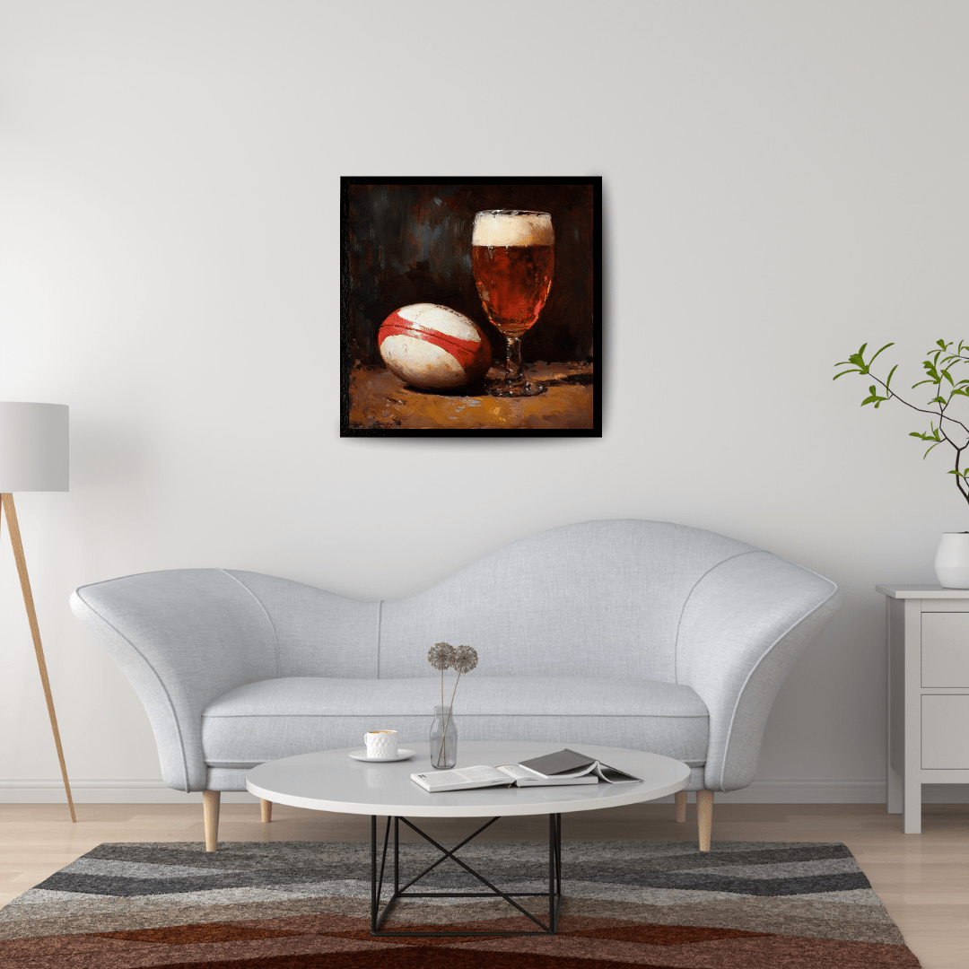 Classic Rugby Ball and Beer Glass Still Life - Sports Wall Art - Aestheticanvas