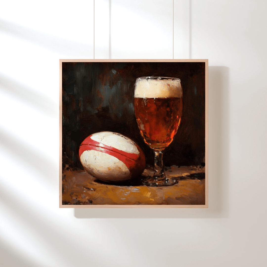 Classic Rugby Ball and Beer Glass Still Life - Sports Wall Art - Aestheticanvas