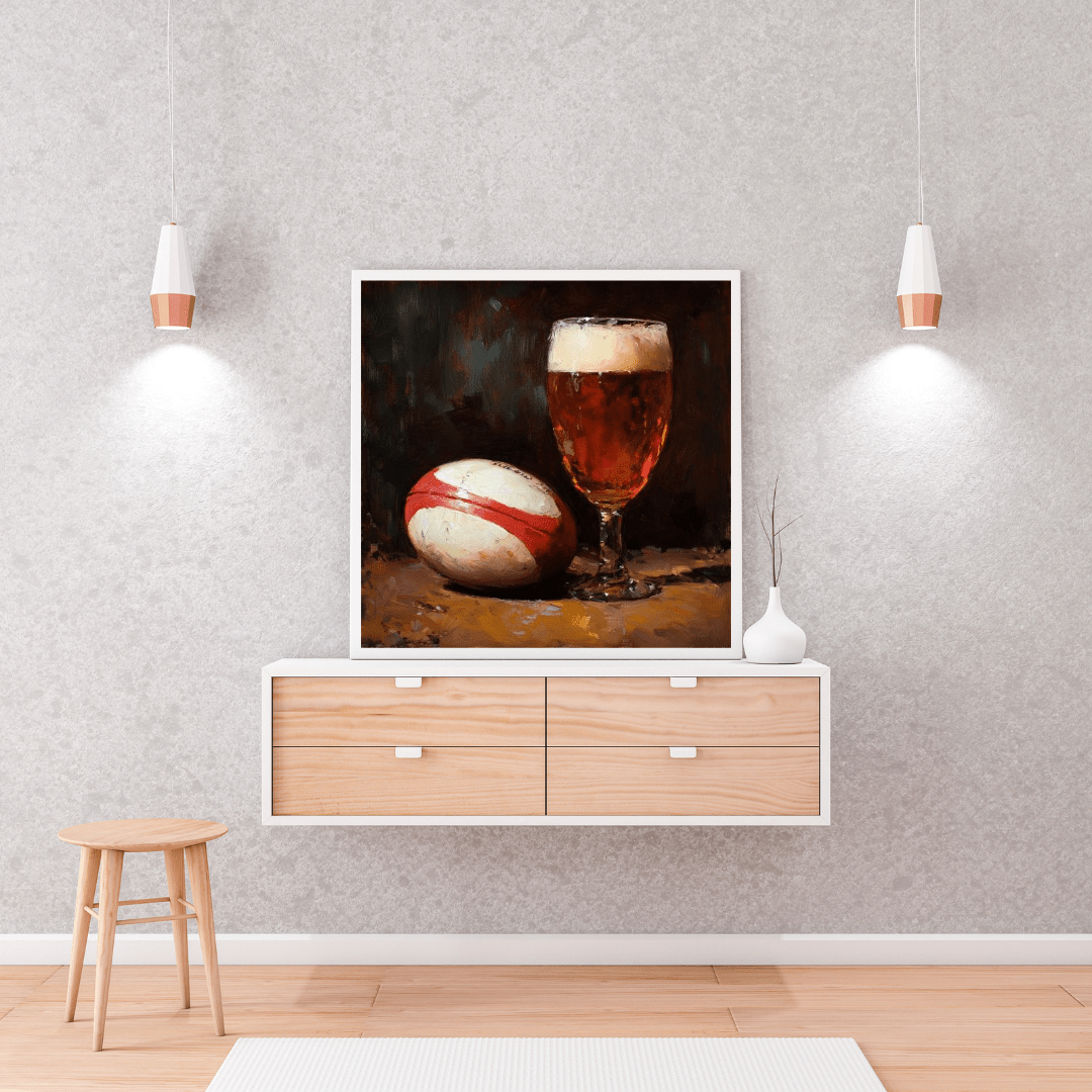 Classic Rugby Ball and Beer Glass Still Life - Sports Wall Art - Aestheticanvas