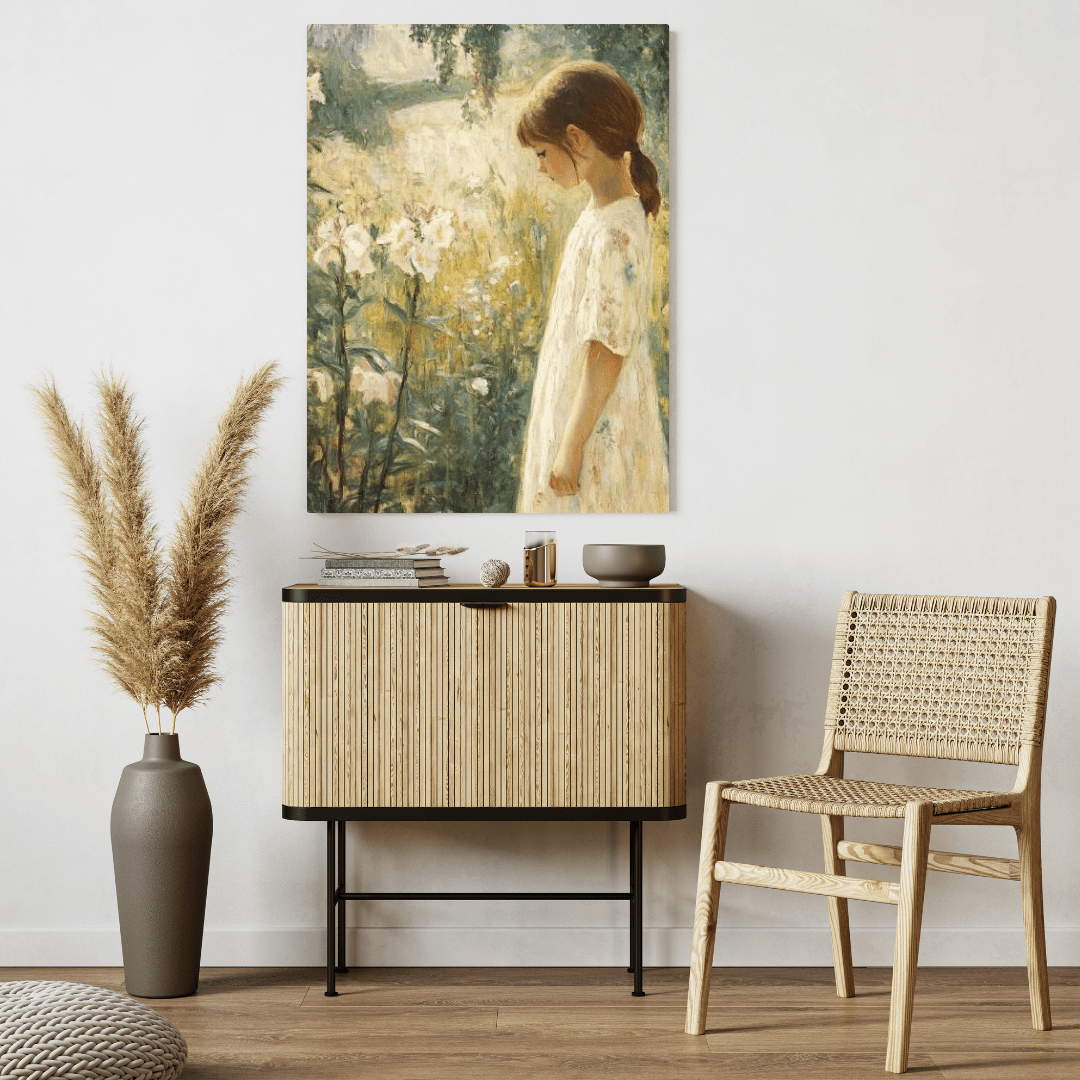 Contemplative Girl in Blooming Garden - Portrait Wall Art - Aestheticanvas