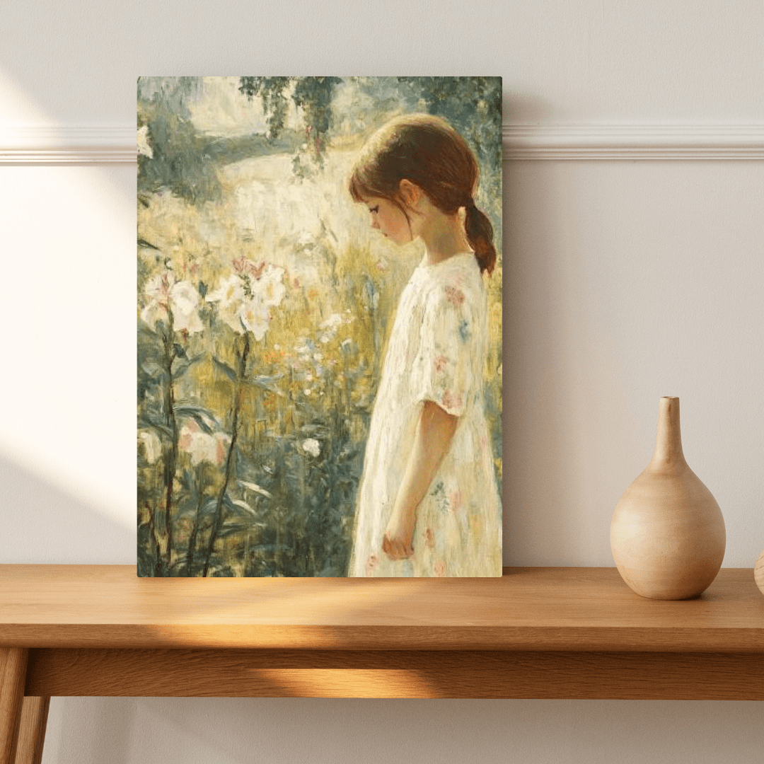 Contemplative Girl in Blooming Garden - Portrait Wall Art - Aestheticanvas