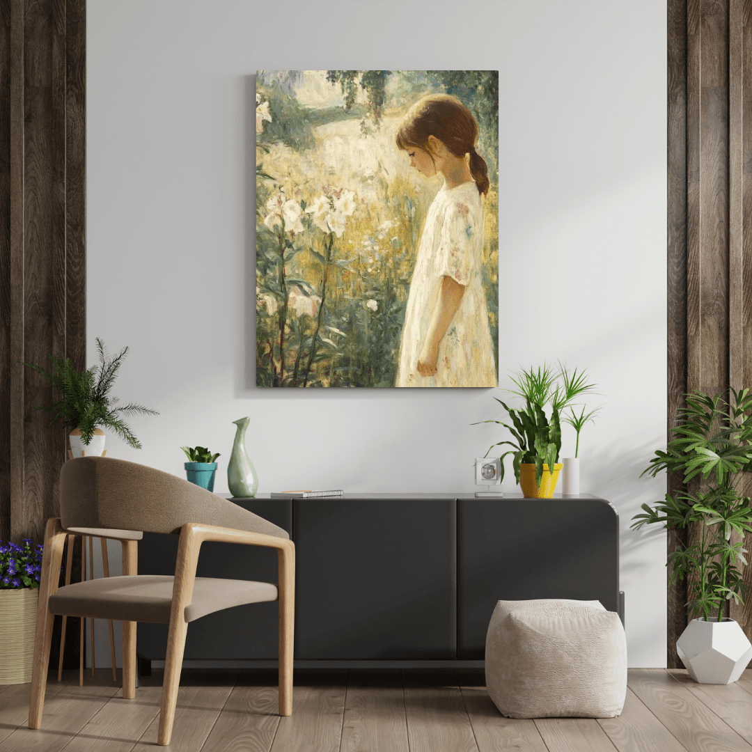 Contemplative Girl in Blooming Garden - Portrait Wall Art - Aestheticanvas