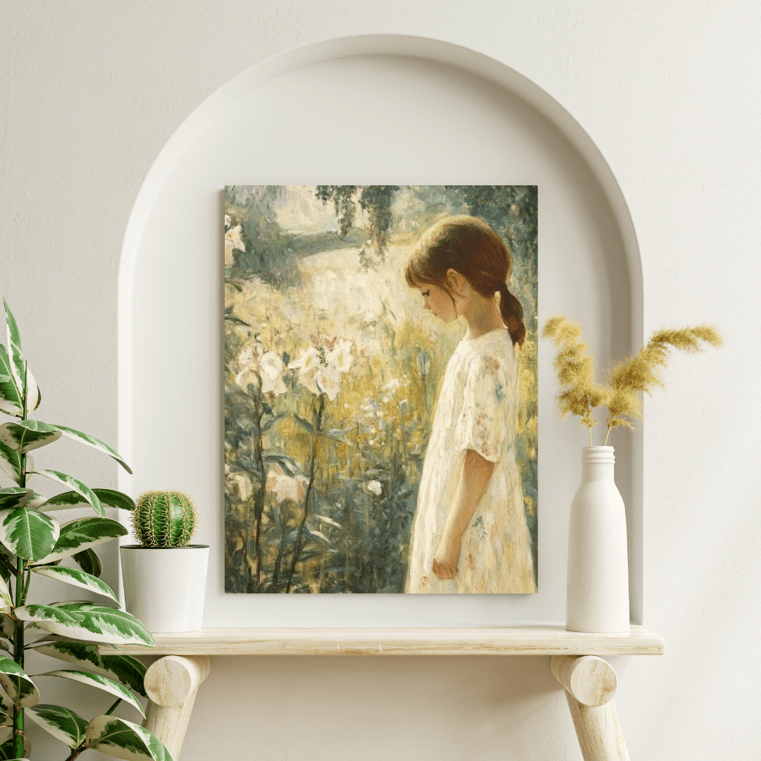 Contemplative Girl in Blooming Garden - Portrait Wall Art - Aestheticanvas