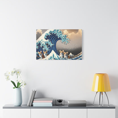 Corgis Conquer Kanagawa Waves - Dog Wall Art - Aestheticanvas