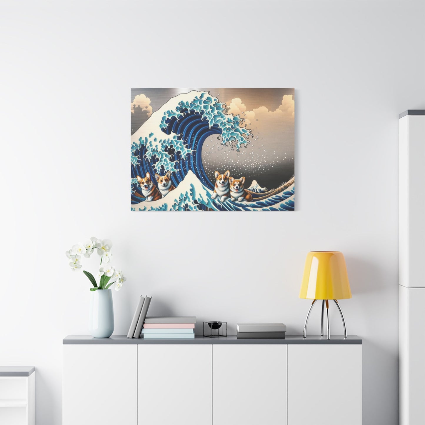 Corgis Conquer Kanagawa Waves - Dog Wall Art - Aestheticanvas