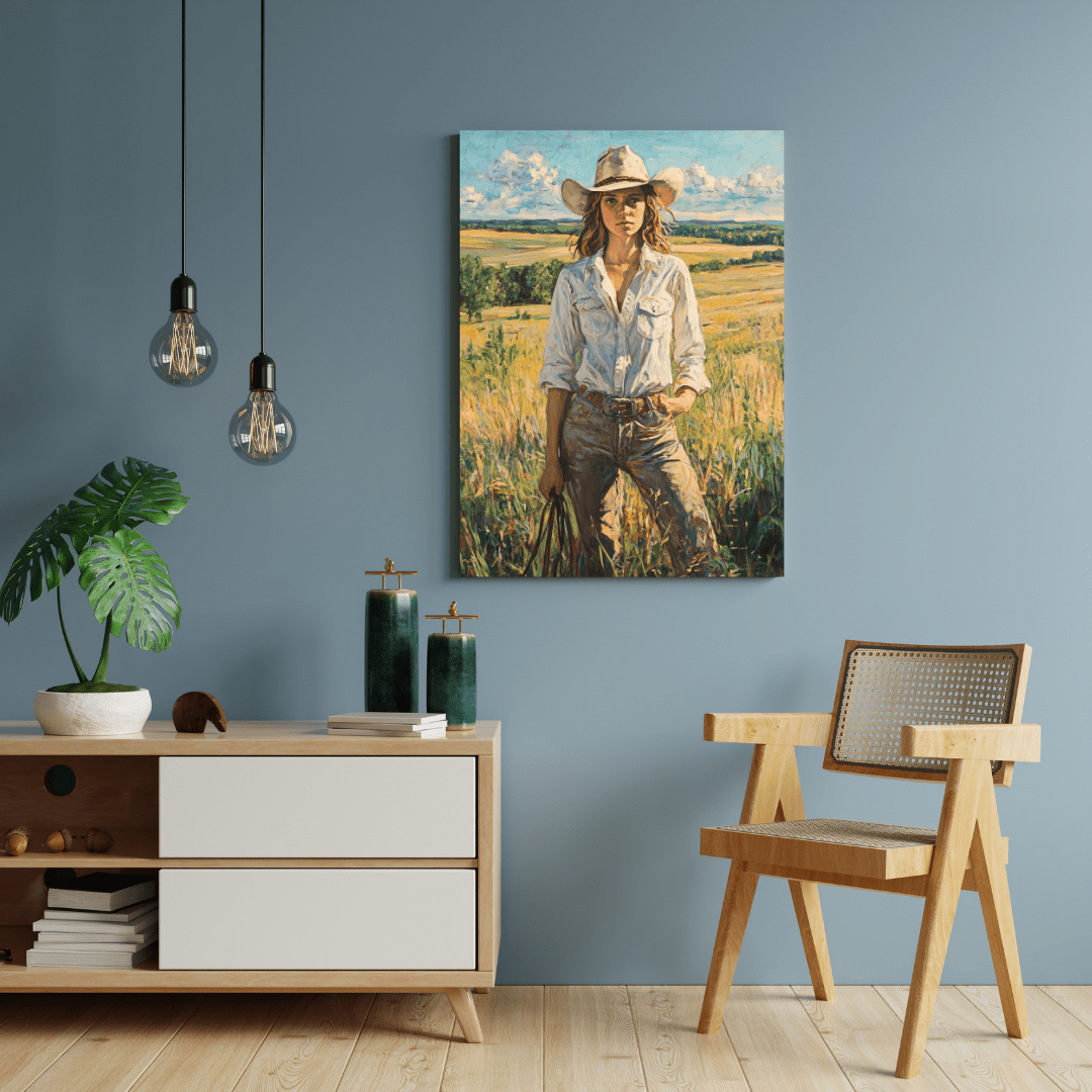 Cowgirl Elegance: Rustic Woman - Portrait Wall Art - Aestheticanvas