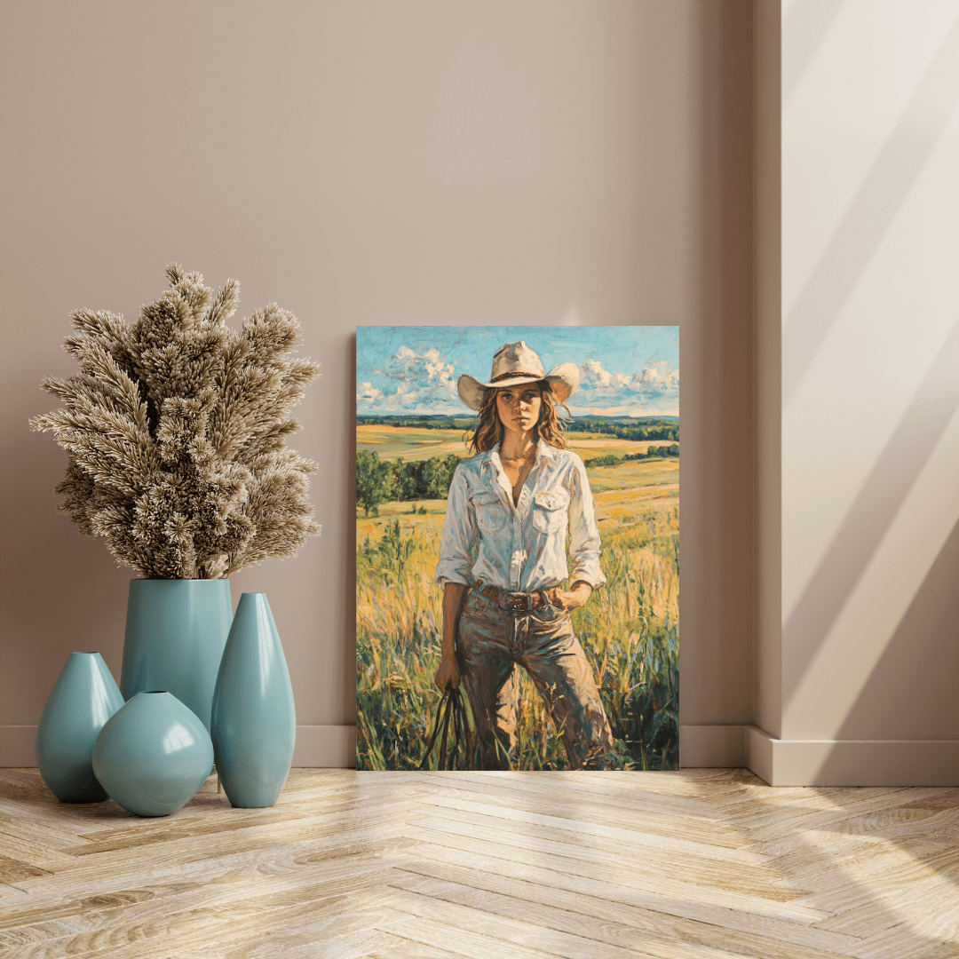 Cowgirl Elegance: Rustic Woman - Portrait Wall Art - Aestheticanvas