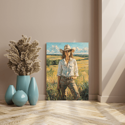 Cowgirl Elegance: Rustic Woman - Portrait Wall Art - Aestheticanvas