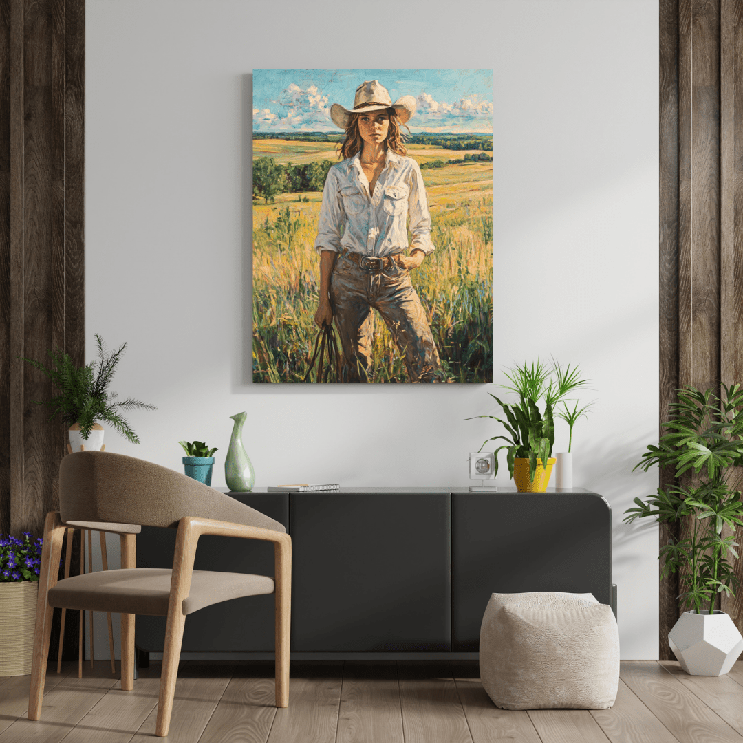 Cowgirl Elegance: Rustic Woman - Portrait Wall Art - Aestheticanvas