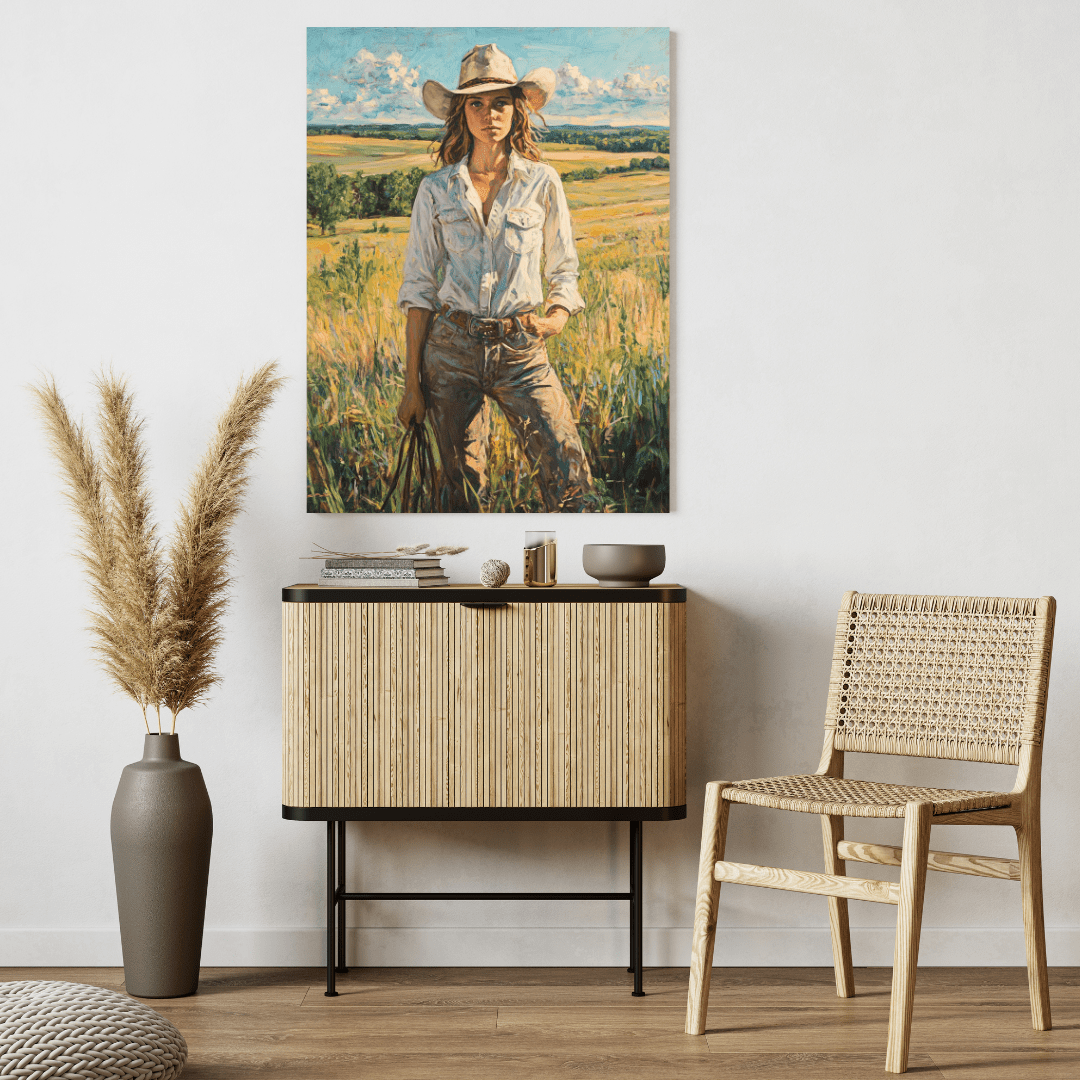 Cowgirl Elegance: Rustic Woman - Portrait Wall Art - Aestheticanvas