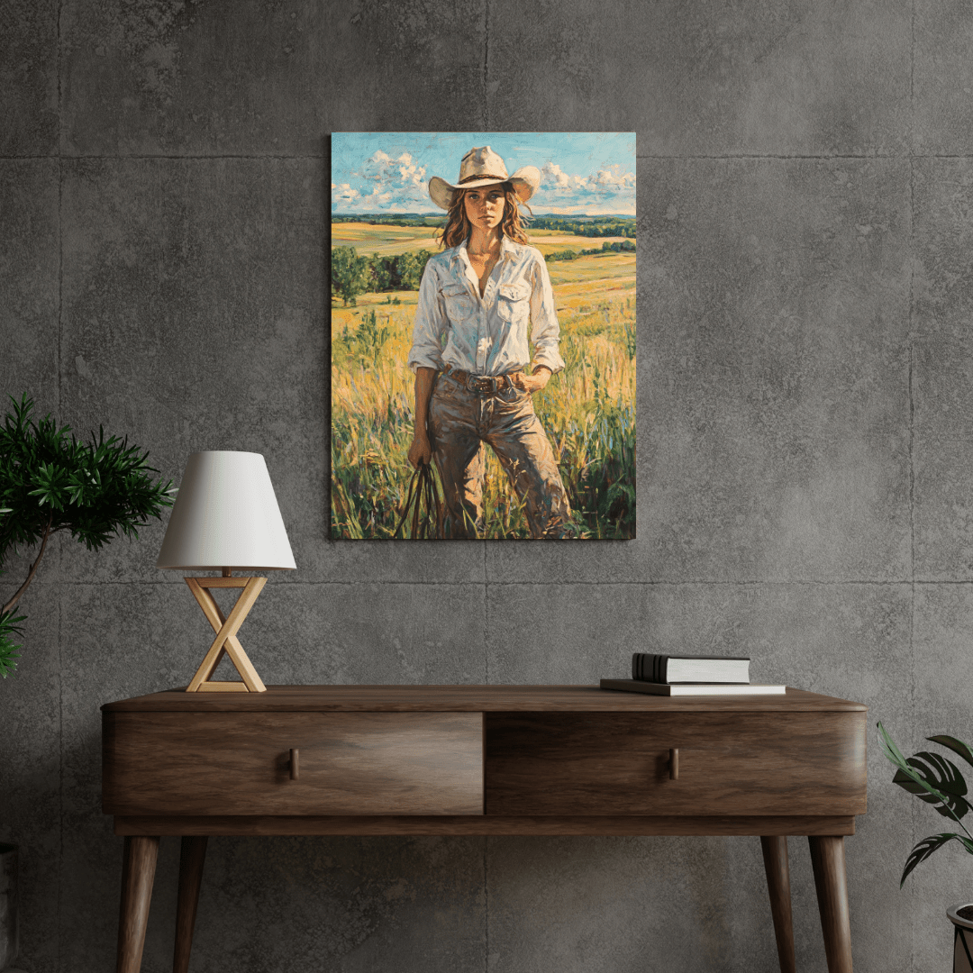 Cowgirl Elegance: Rustic Woman - Portrait Wall Art - Aestheticanvas