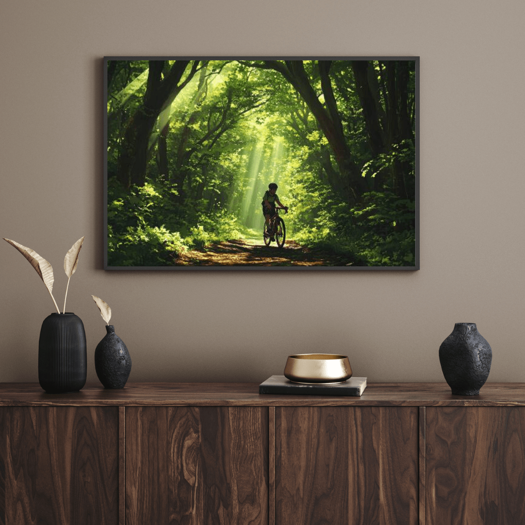 Cyclist in Serene Forest Path - Nature Wall Art - Aestheticanvas