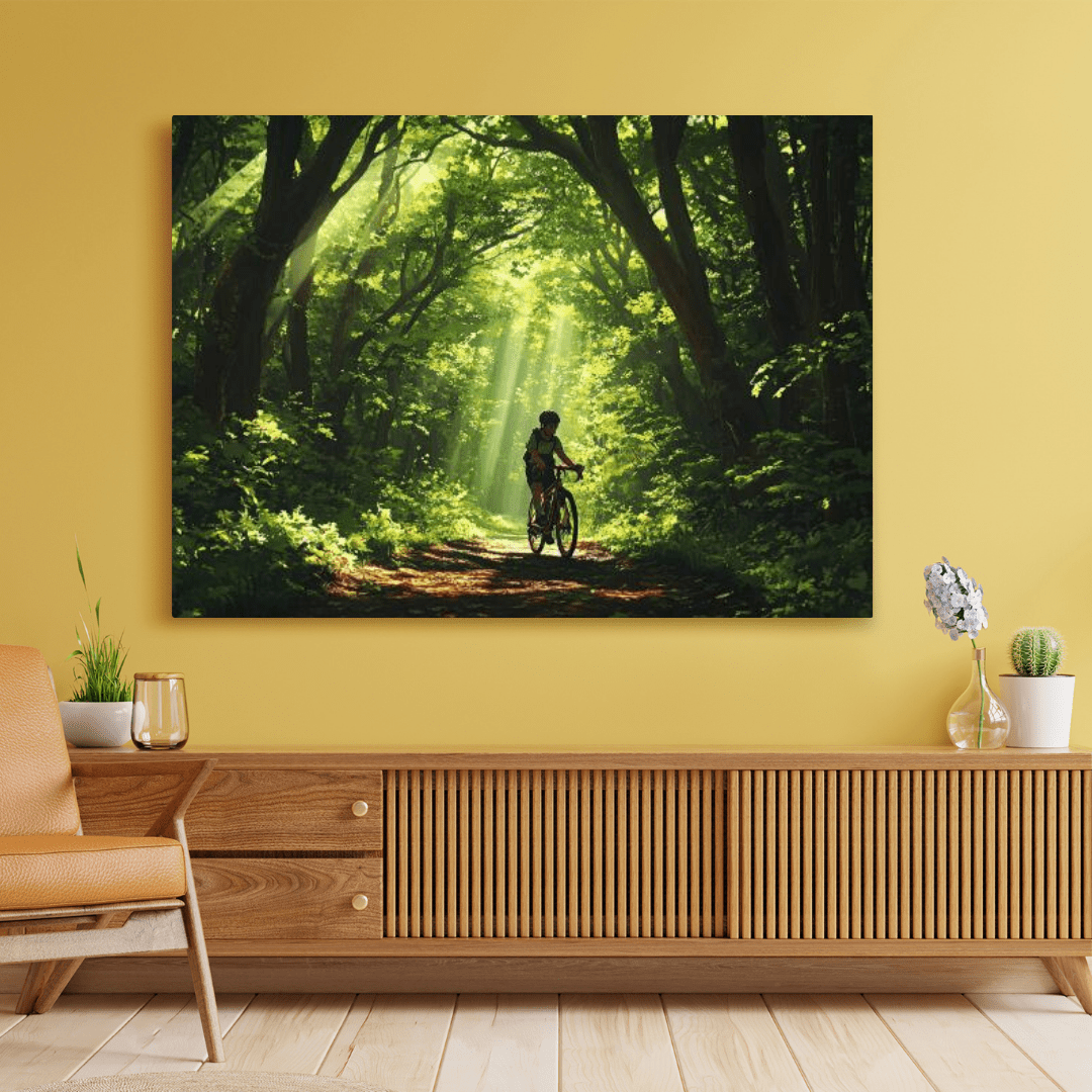 Cyclist in Serene Forest Path - Nature Wall Art - Aestheticanvas