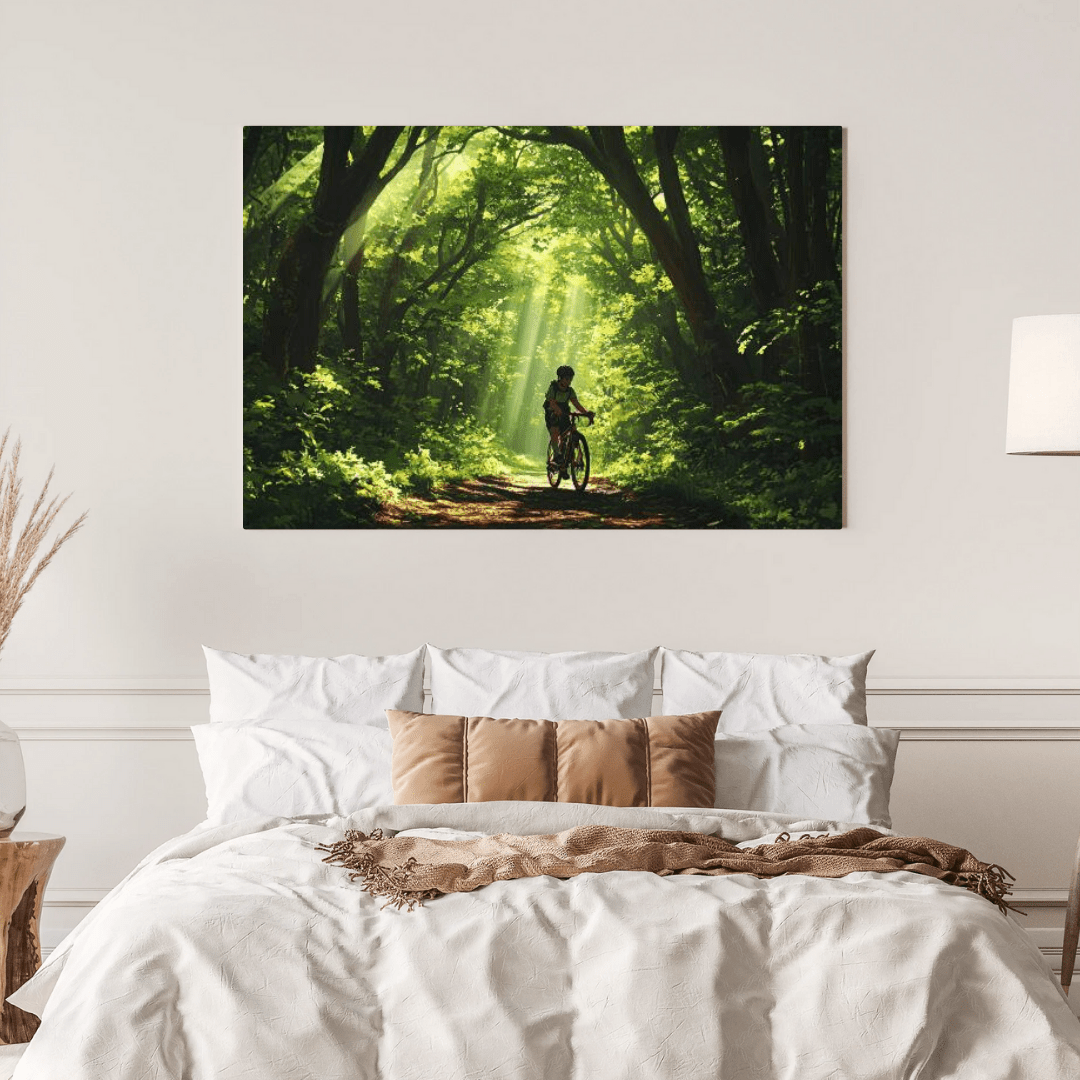 Cyclist in Serene Forest Path - Nature Wall Art - Aestheticanvas