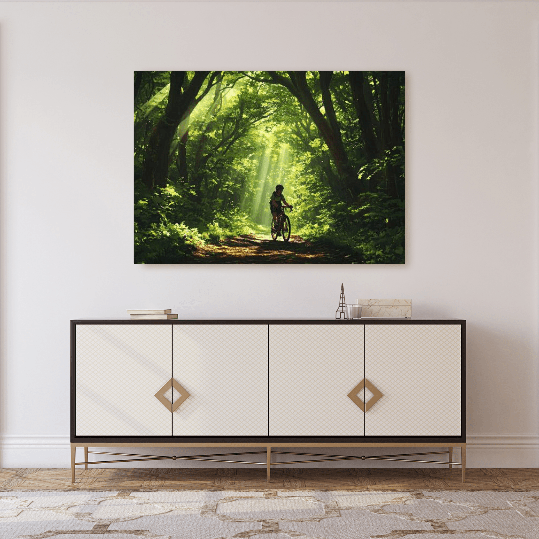 Cyclist in Serene Forest Path - Nature Wall Art - Aestheticanvas